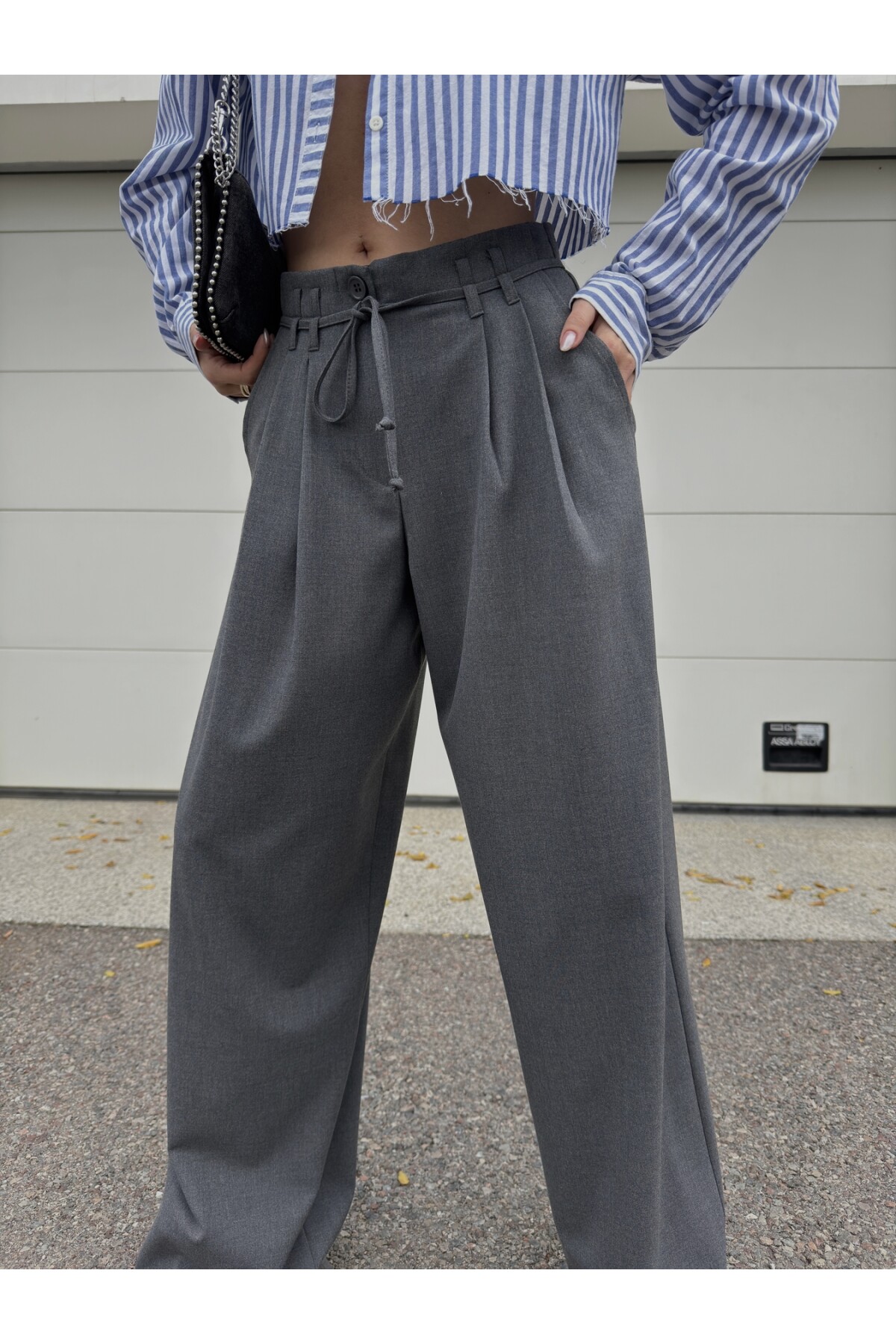 Kadın Gri Bağcıklı Yüksek Bel Premİum Kalıp Palazzo Pantolon