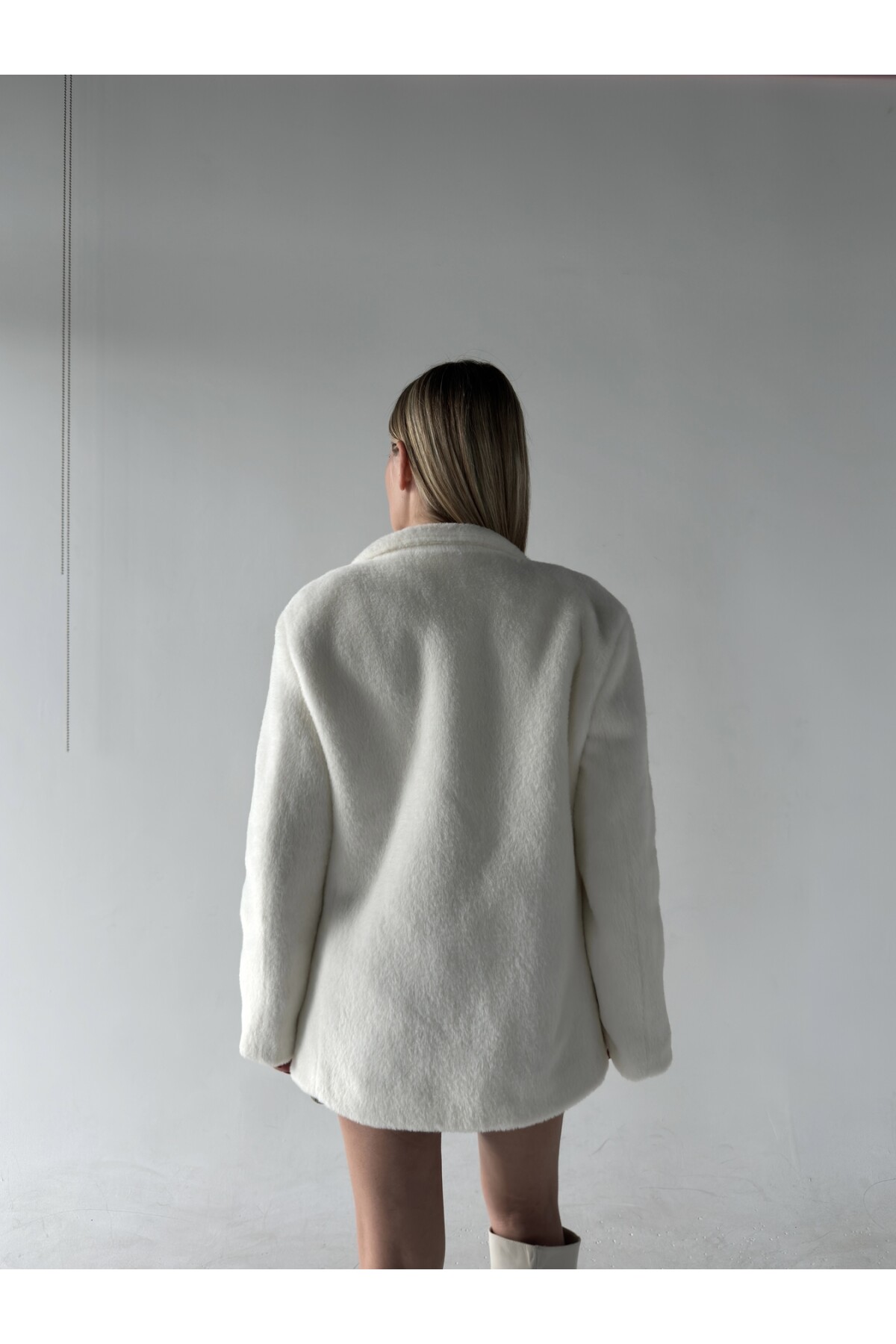 Kadın krem premıum kruvaze yaka düğmeli sakallı blazer ceket