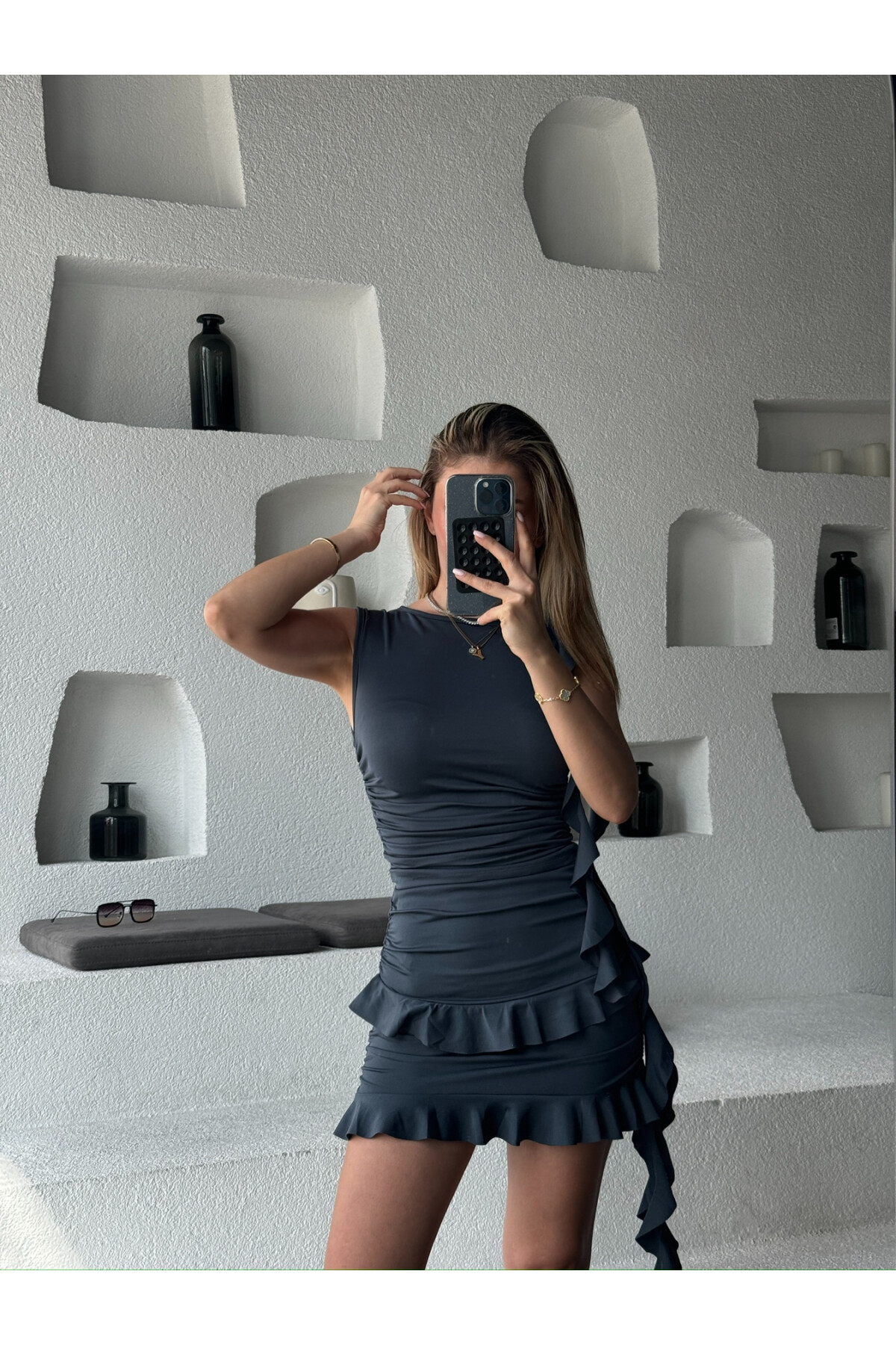 Kadın Füme Fırfırlı Crop Bluz Etek İkili Takım