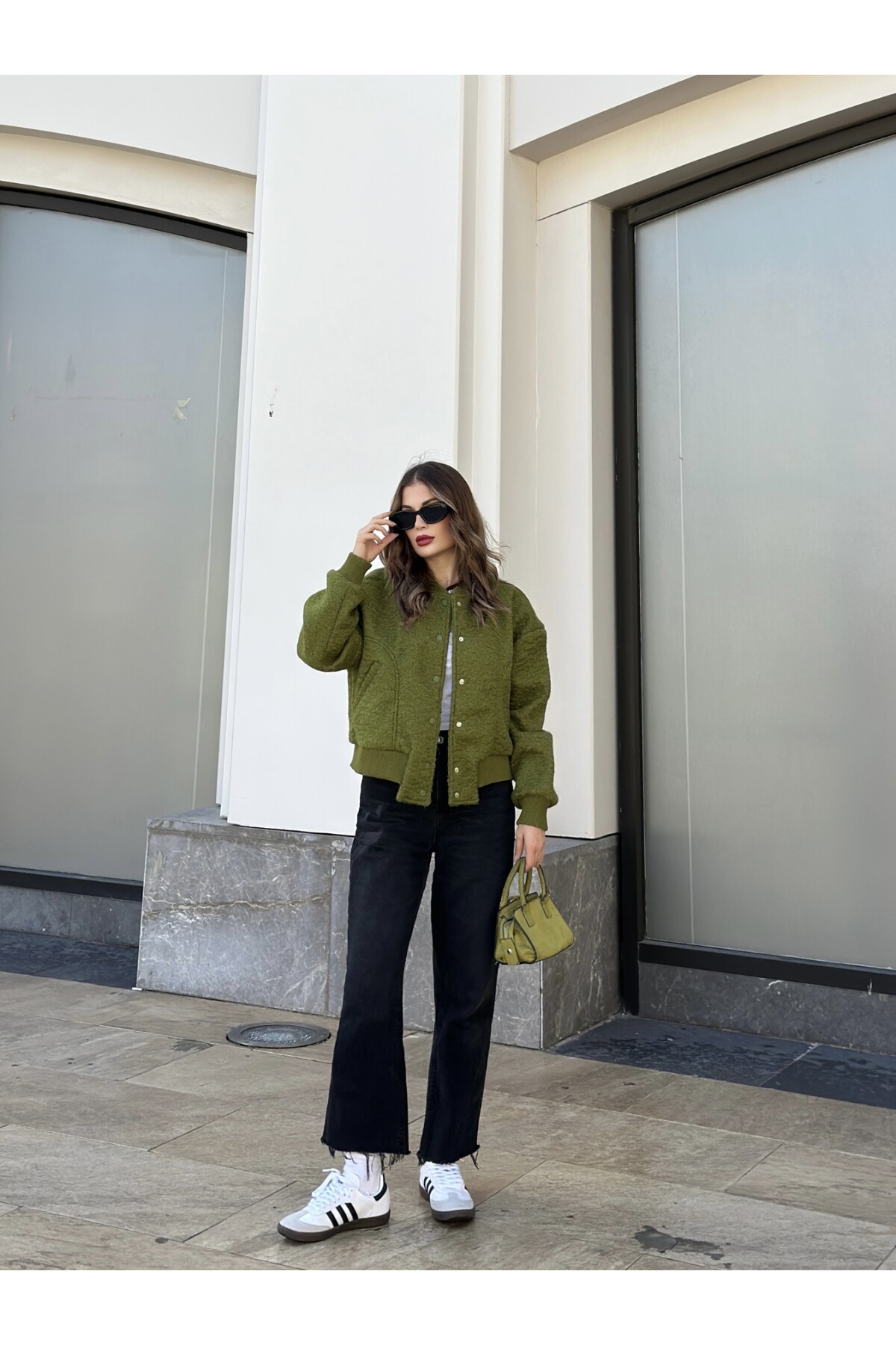 Kadın Haki Astarlı Kaşe Kumaş Cepli Buklet Bomber Ceket