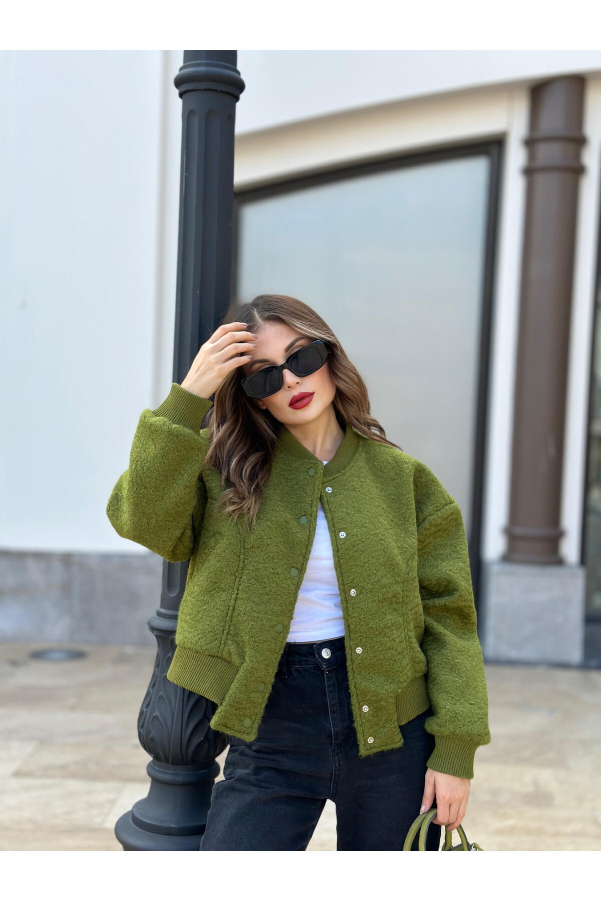 Kadın Haki Astarlı Kaşe Kumaş Cepli Buklet Bomber Ceket