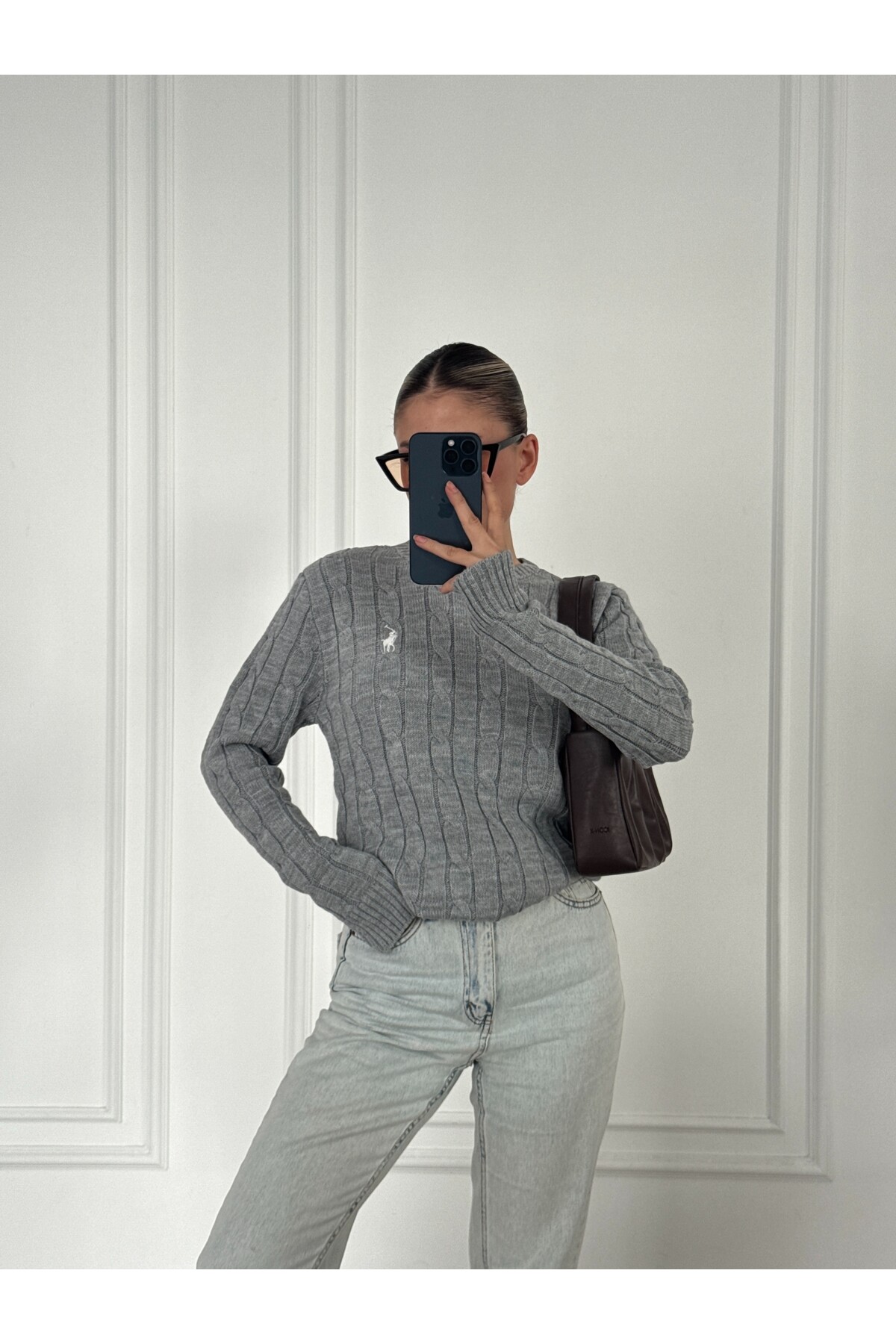Kadın Gri Marka Model Saç Örgülü Triko Kazak