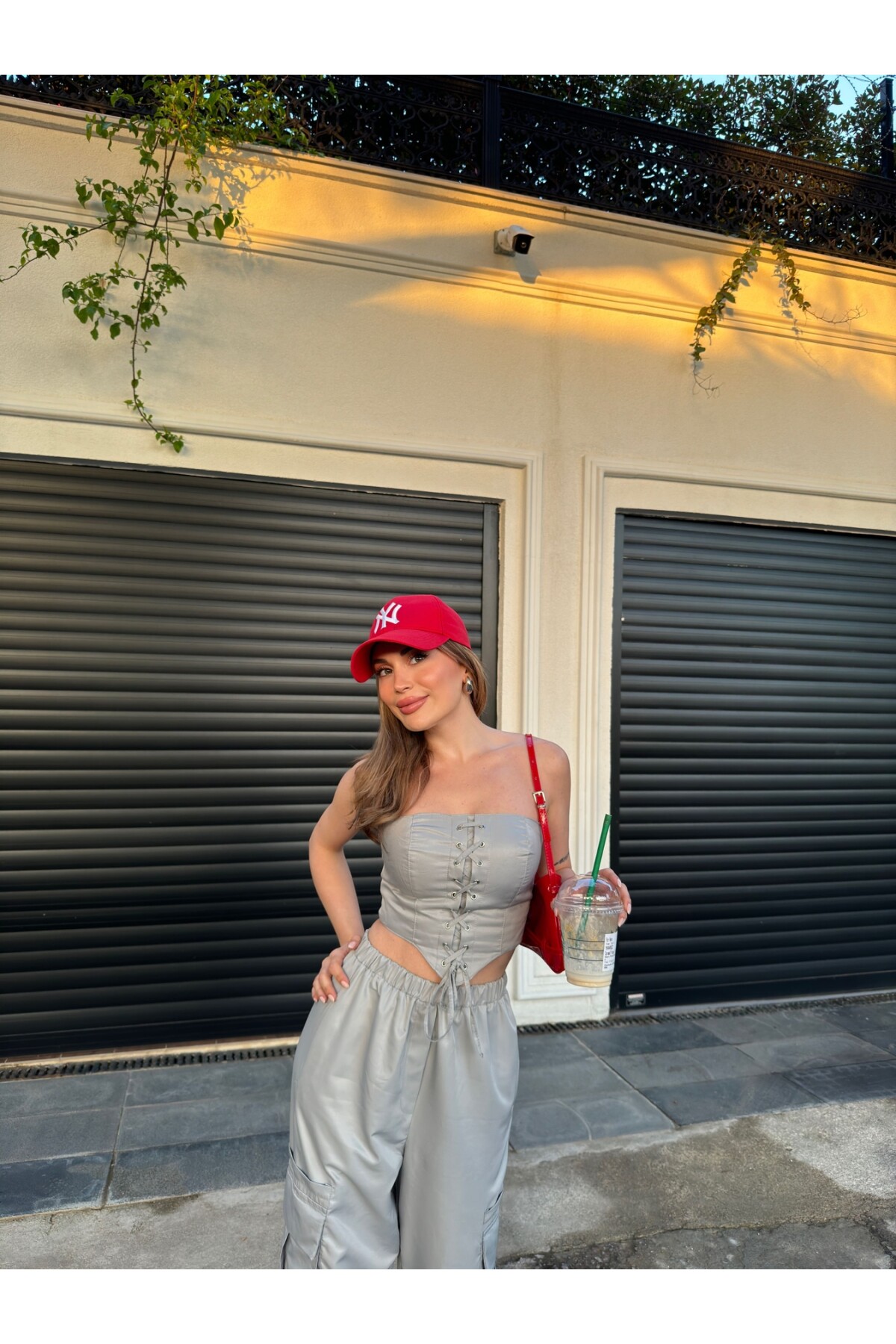 Kadın Gri Paraşüt Büstiyer Kargo Cepli Yüksek Bel Pantolon Takım