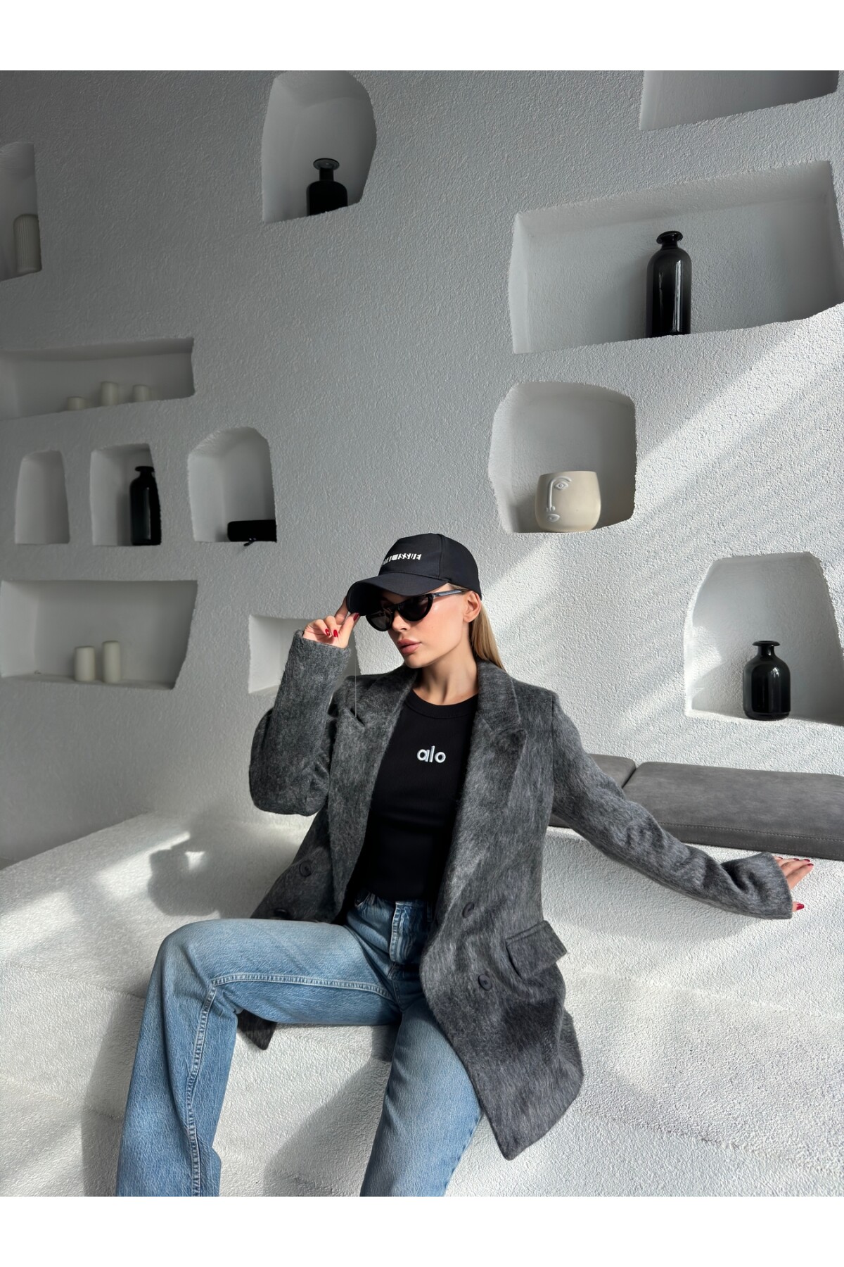 Kadın gri düğmeli sakallı blazer ceket