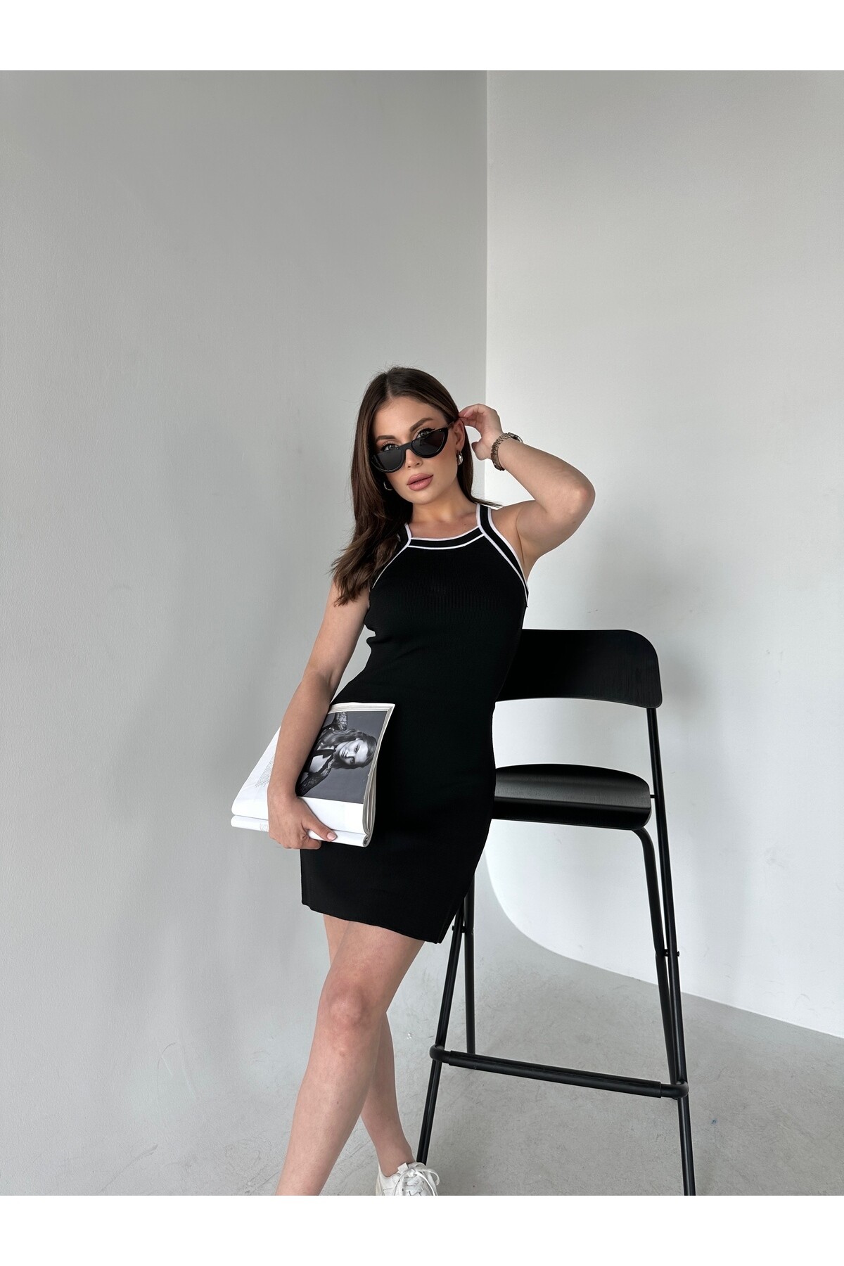 Kadın Halter Yaka Triko Elbise  Siyah