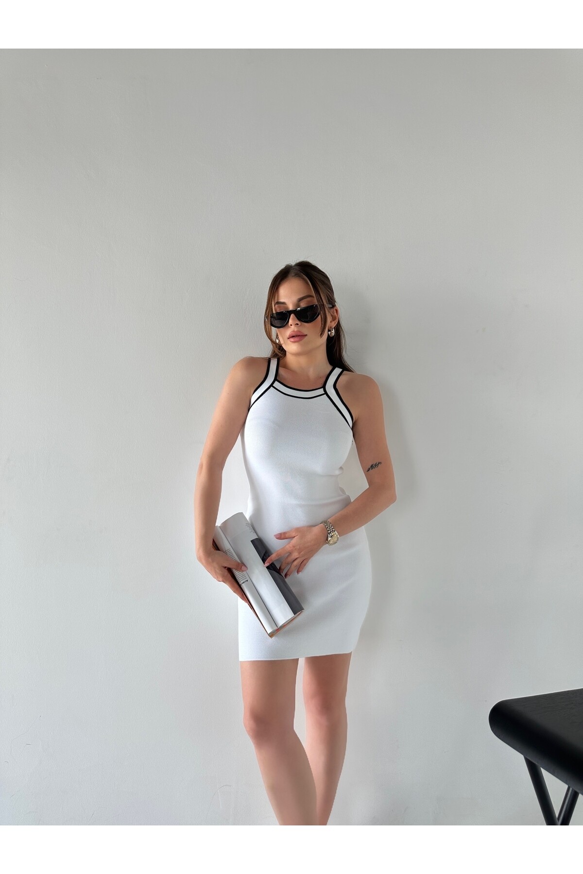 Kadın Halter Yaka Triko Elbise  Beyaz
