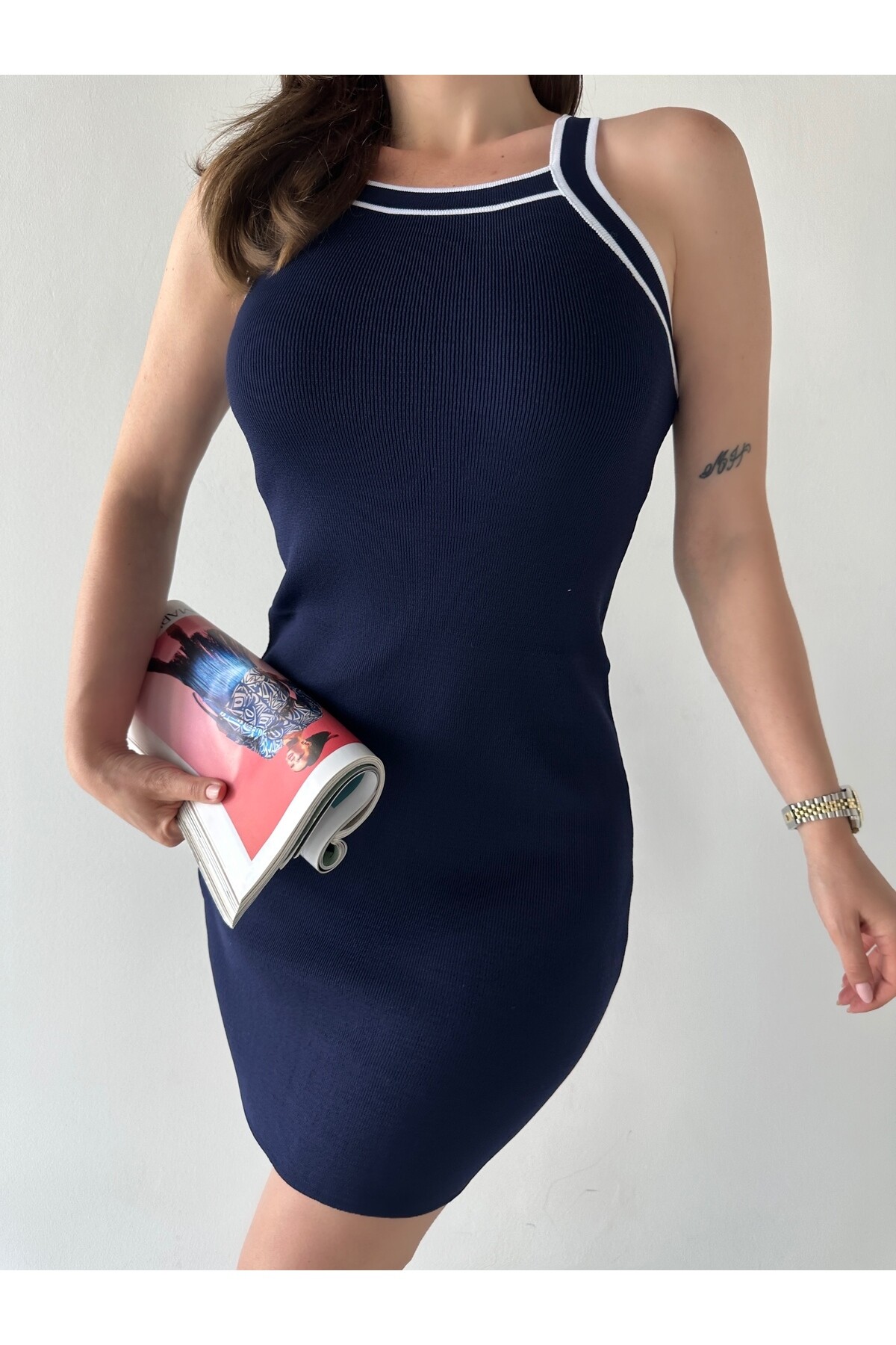 Kadın Halter Yaka Triko Elbise Lacivert