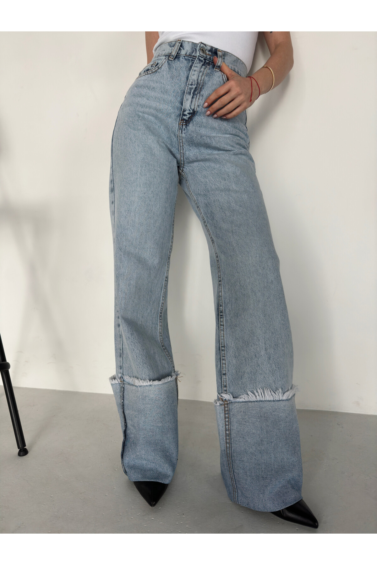 Kadın High Waist Paçaları Katlamalı Jean