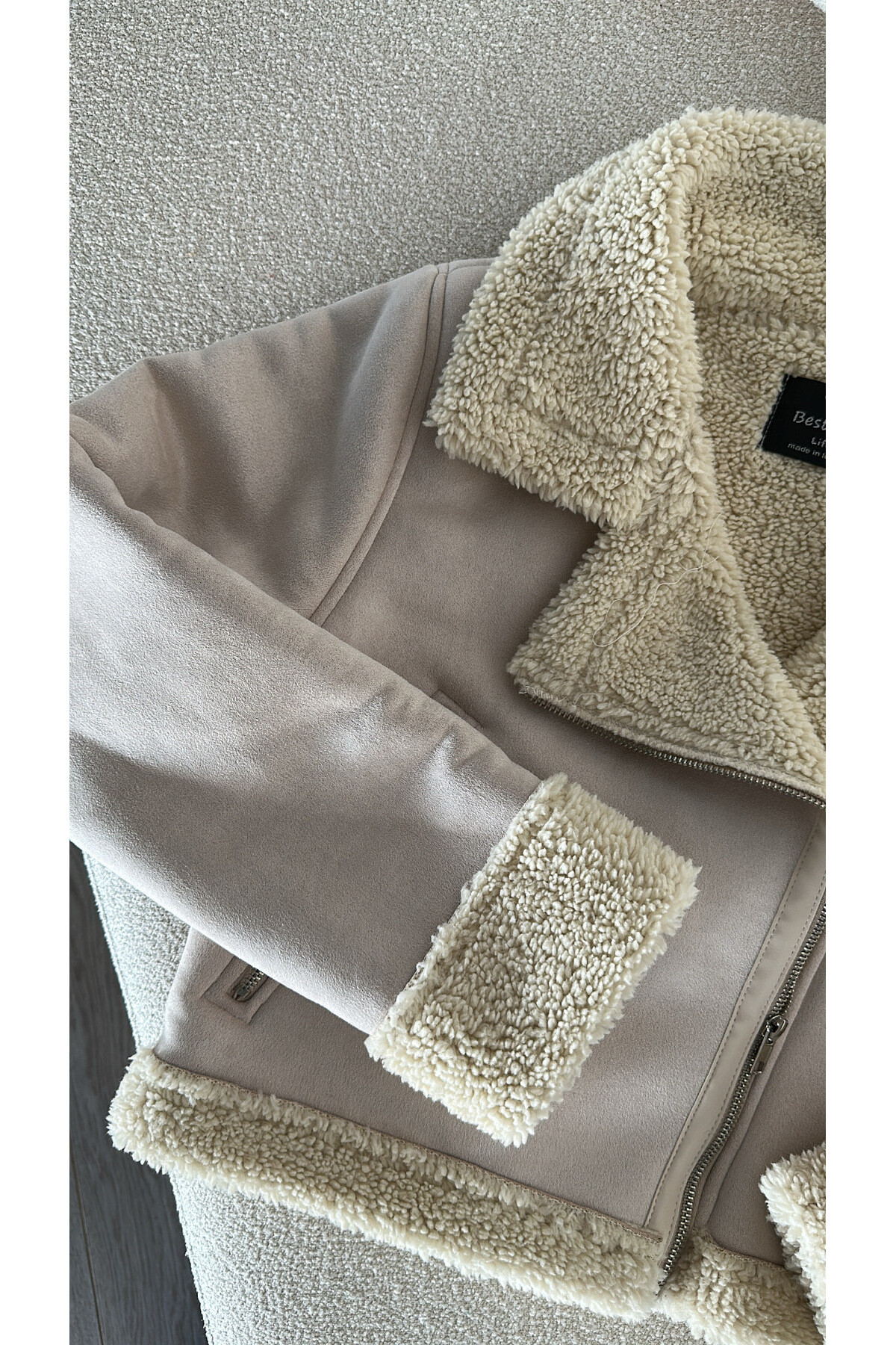 Kadın İçi Ful Kürklü Süet Mont   Taş