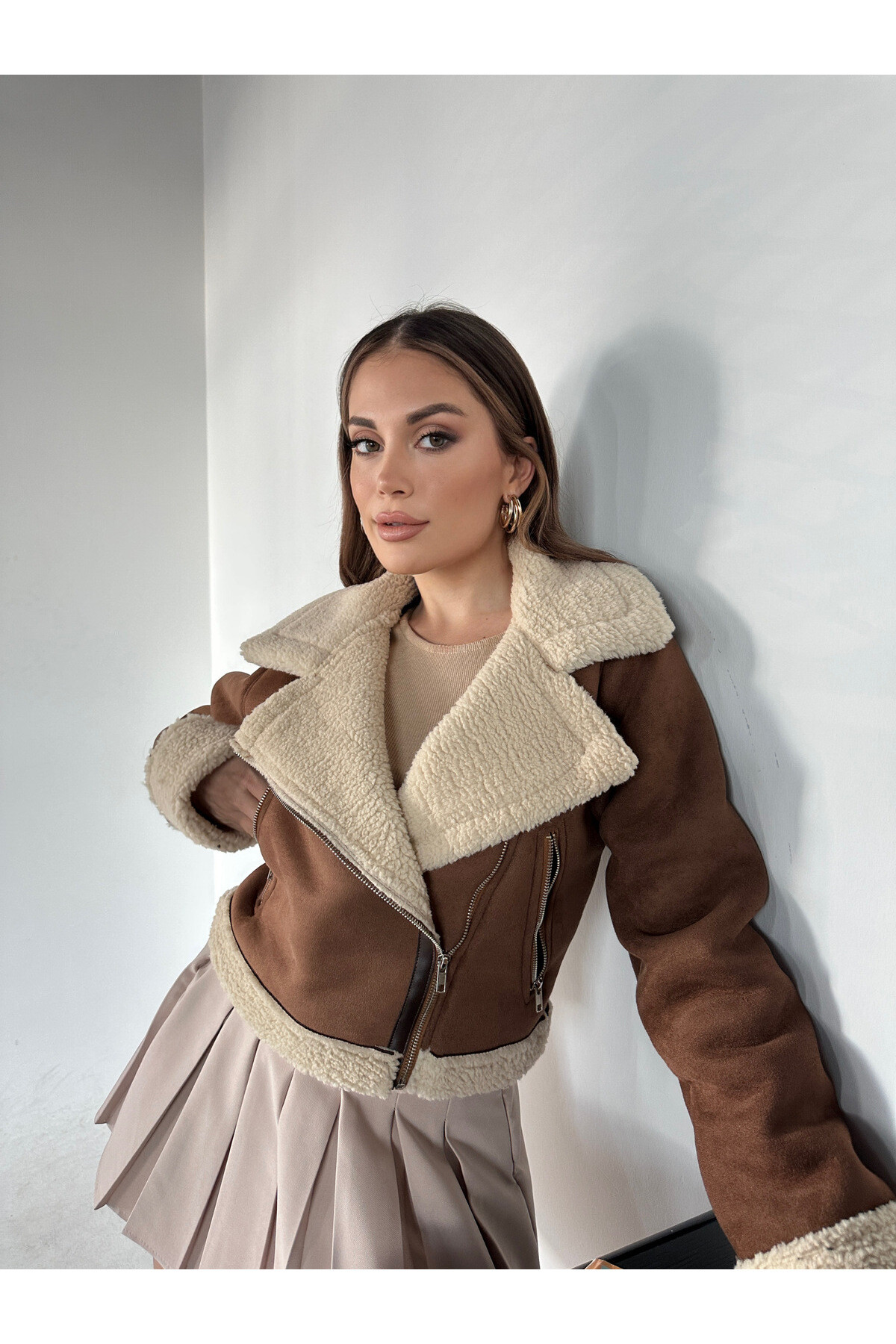 Kadın İçi Ful Kürklü Süet Mont Kahverengi