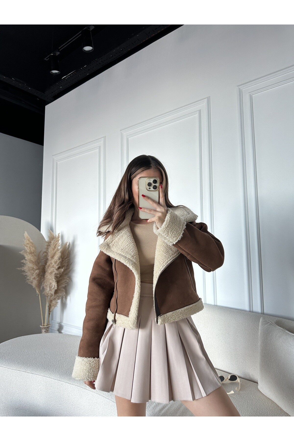 Kadın İçi Ful Kürklü Süet Mont Kahverengi