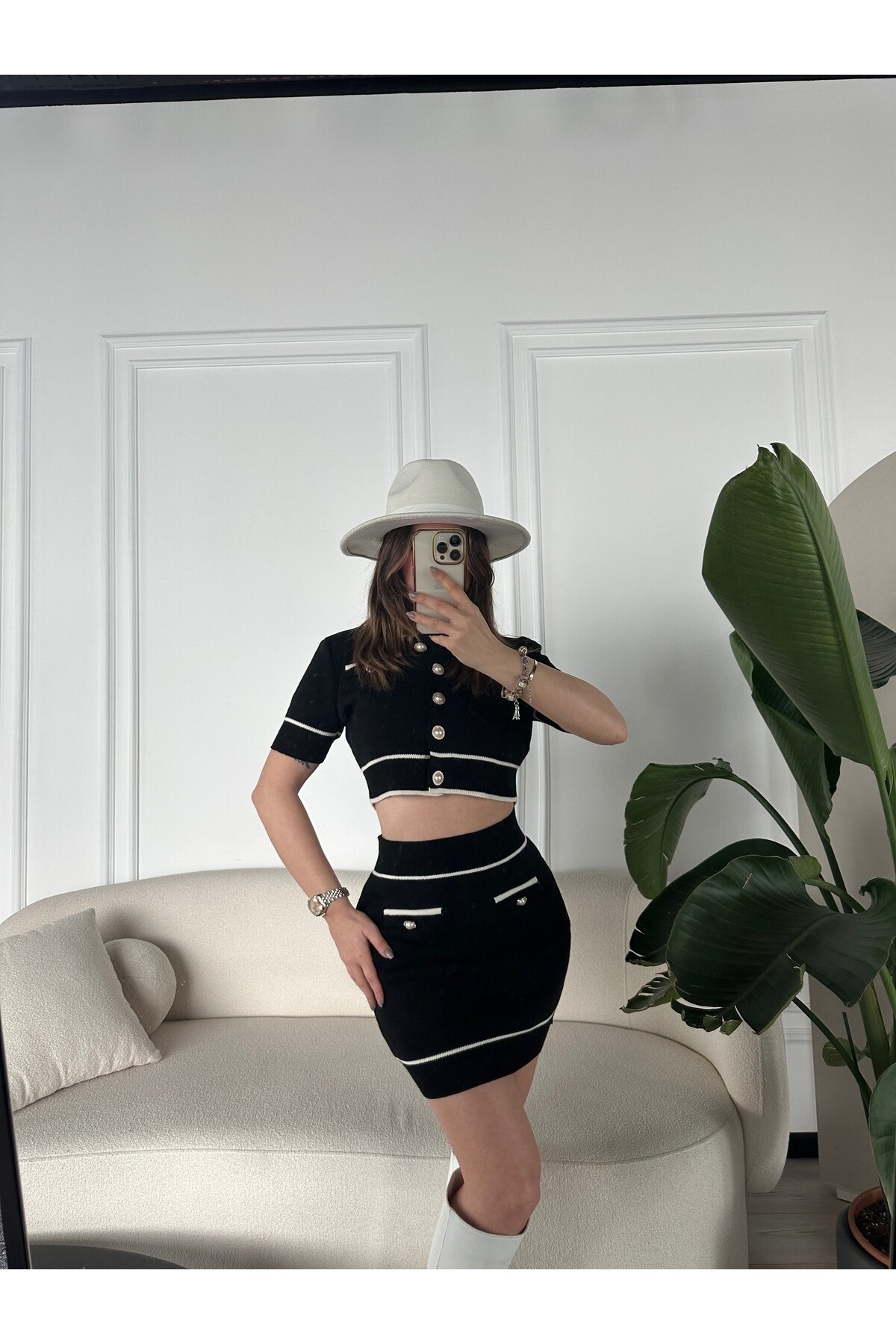 Kadın İnci Düğme Detaylı Triko Alt Üst Takım  Siyah