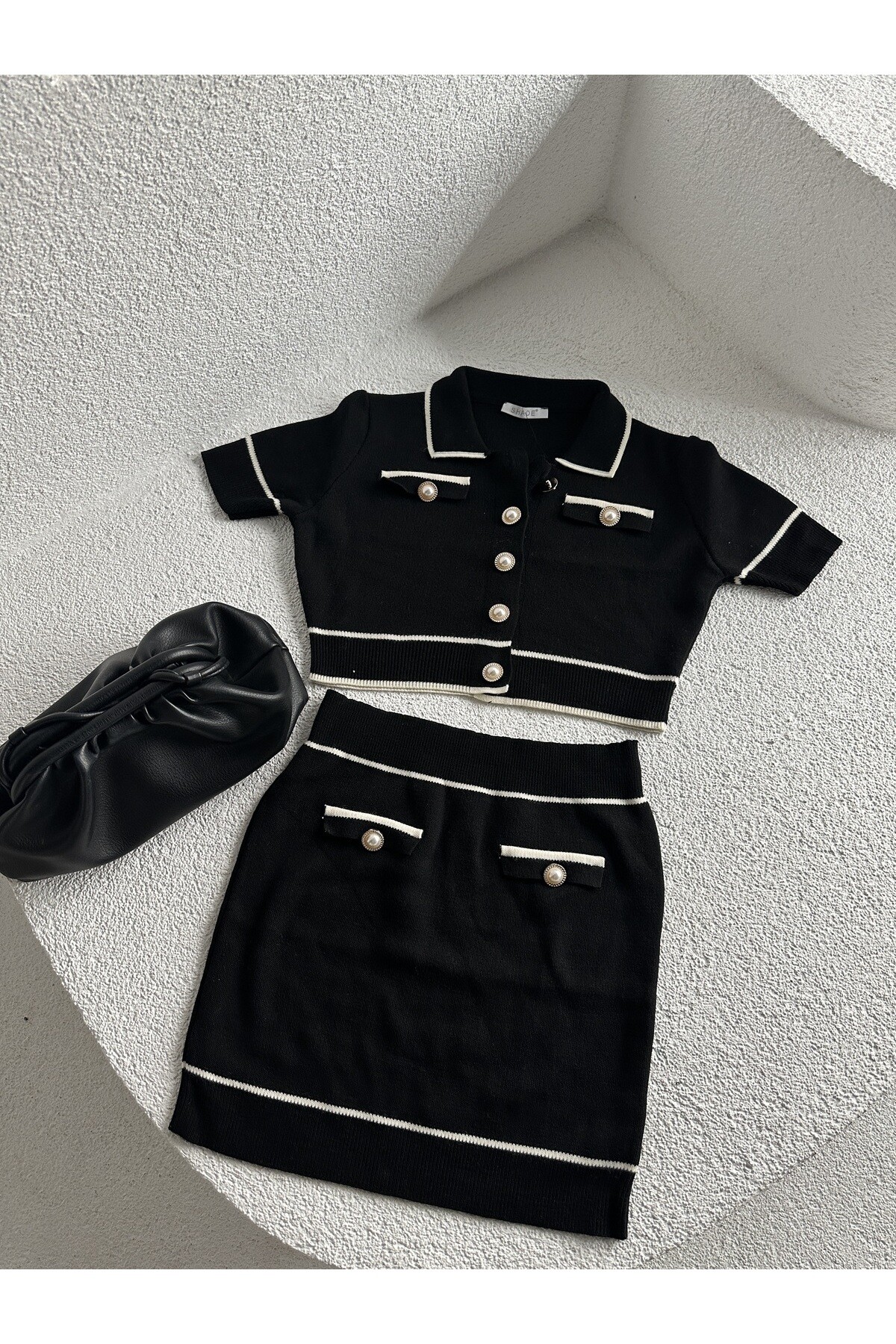 Kadın İnci Düğme Detaylı Triko Alt Üst Takım  Siyah