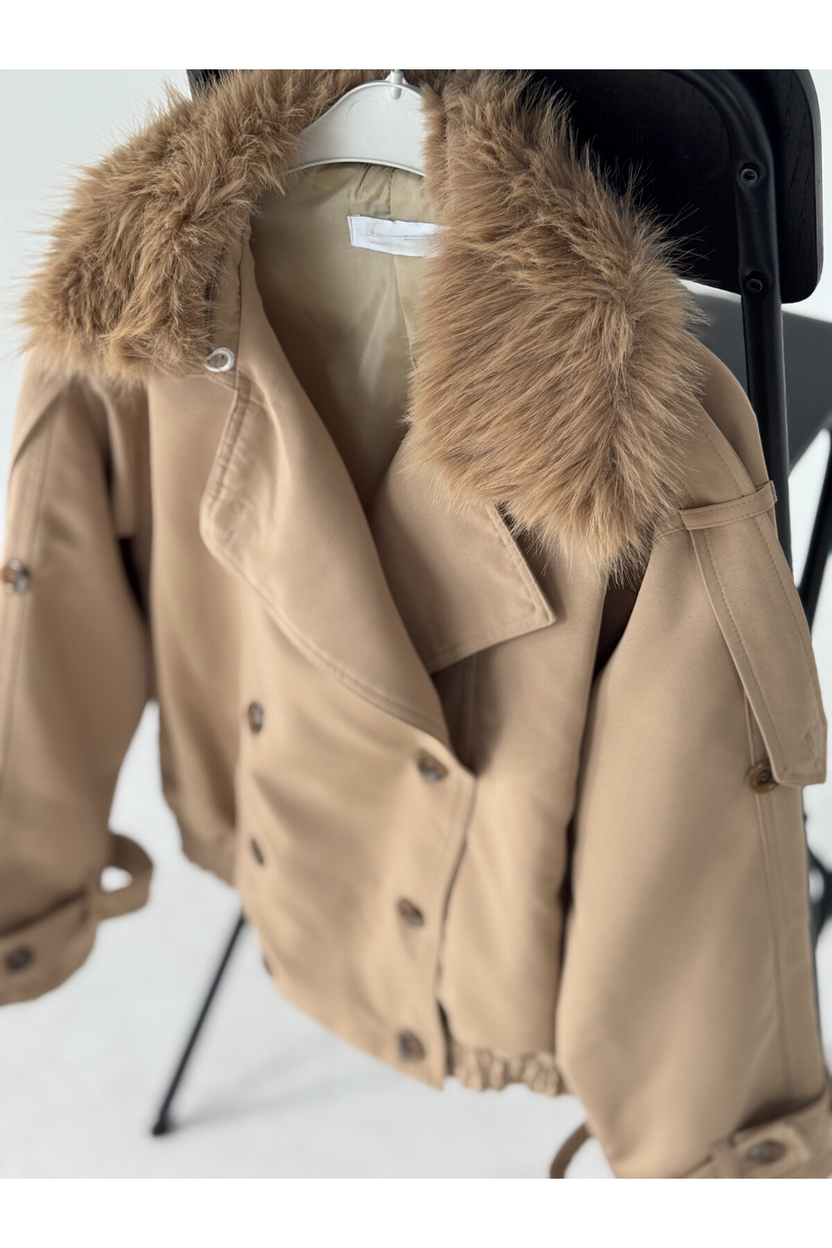 Kadın Kahve Çıkarılabilir Kürklü Yaka Detaylı Bomber Trençkot