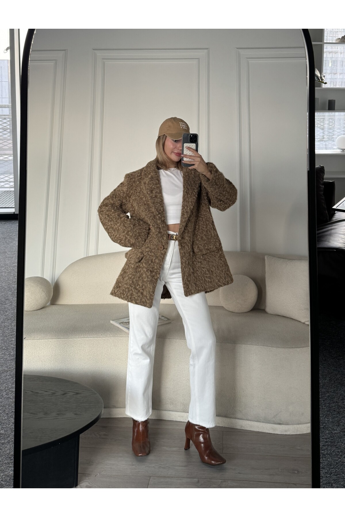 Kadın Kahve Oversize Kesim Düğmeli Blazer Ceket