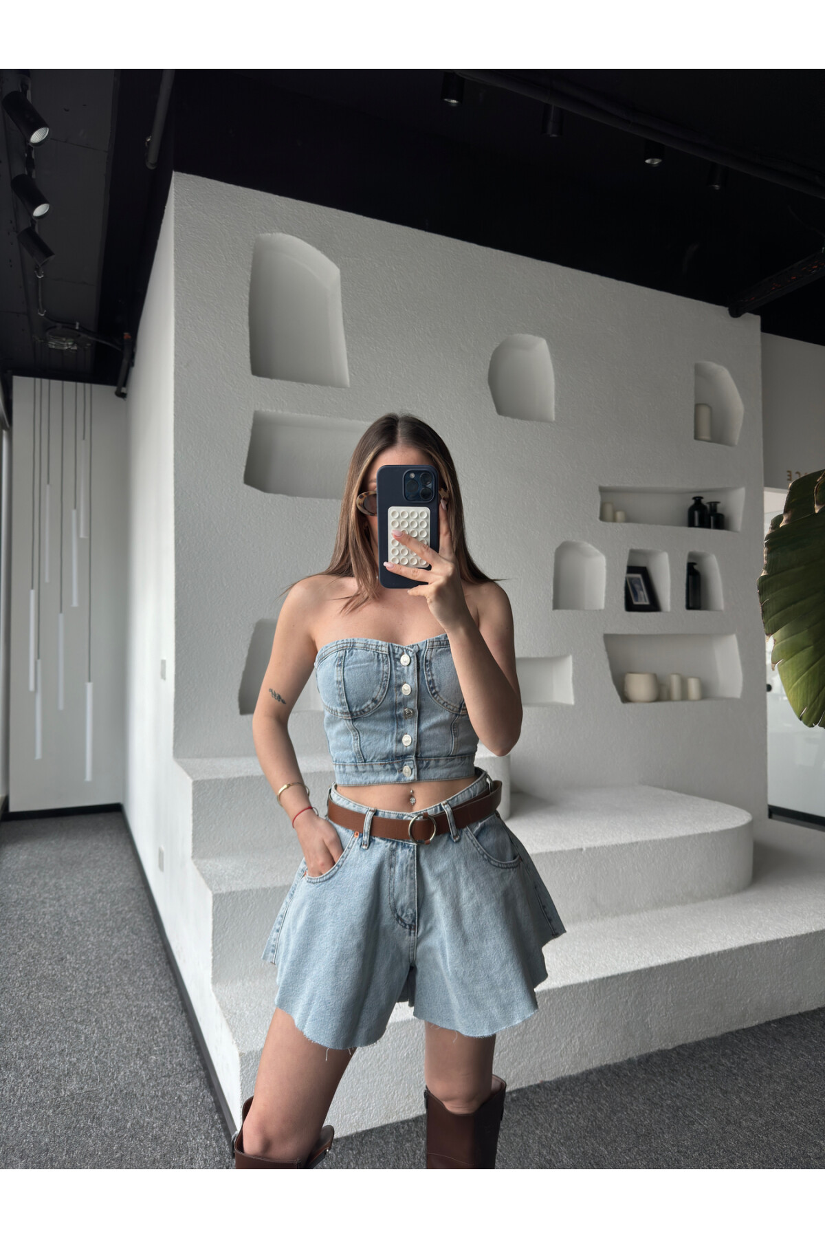 Kadın Kar Yıkamalı Straplez Düğmeli Denim Top-Mavi