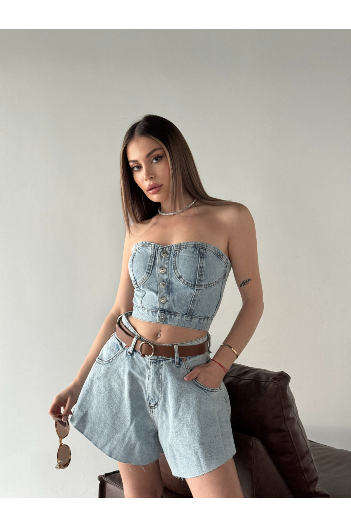 Kadın Kar Yıkamalı Straplez Düğmeli Denim Top-Mavi