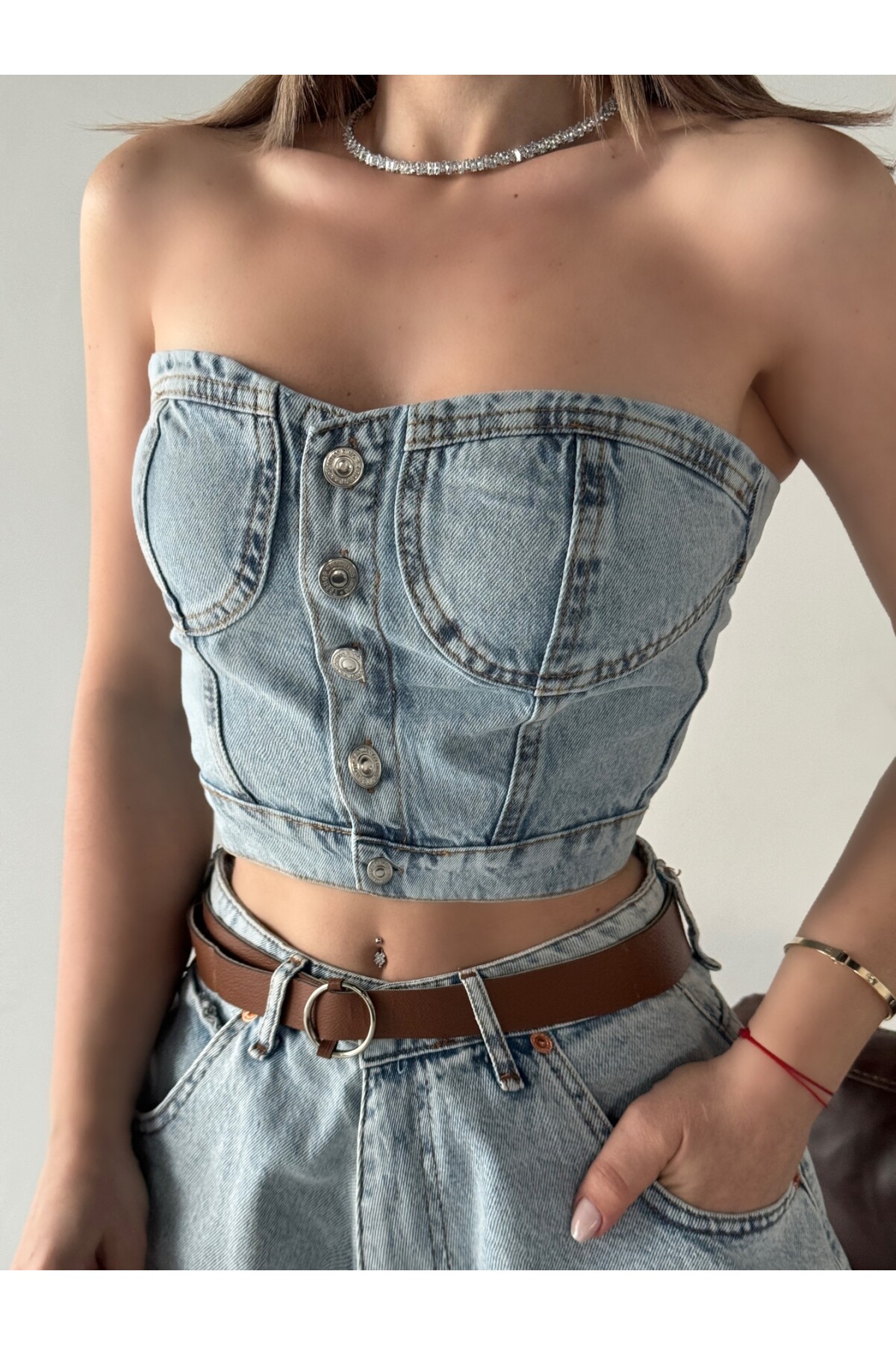 Kadın Kar Yıkamalı Straplez Düğmeli Denim Top-Mavi