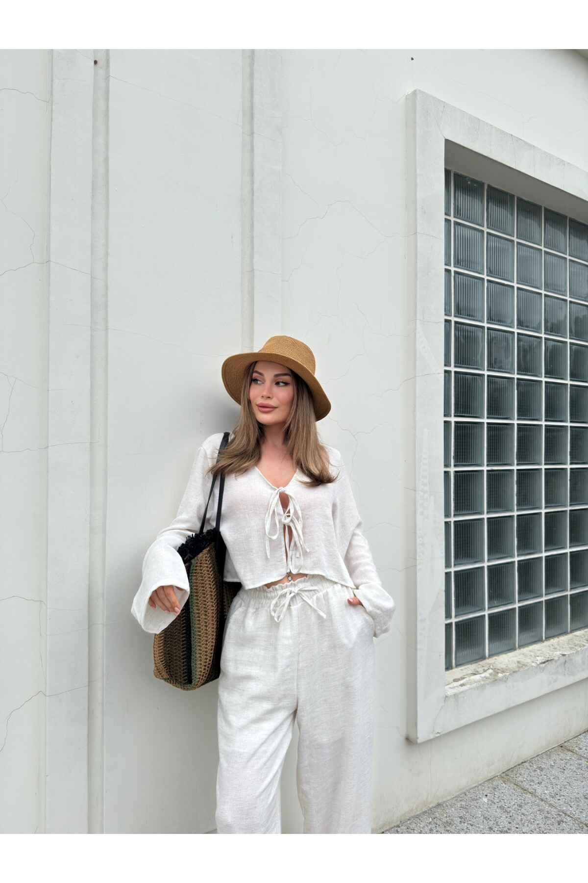 Kadın Keten Bağcıklı Bluz Astarlı Pantolon Takım