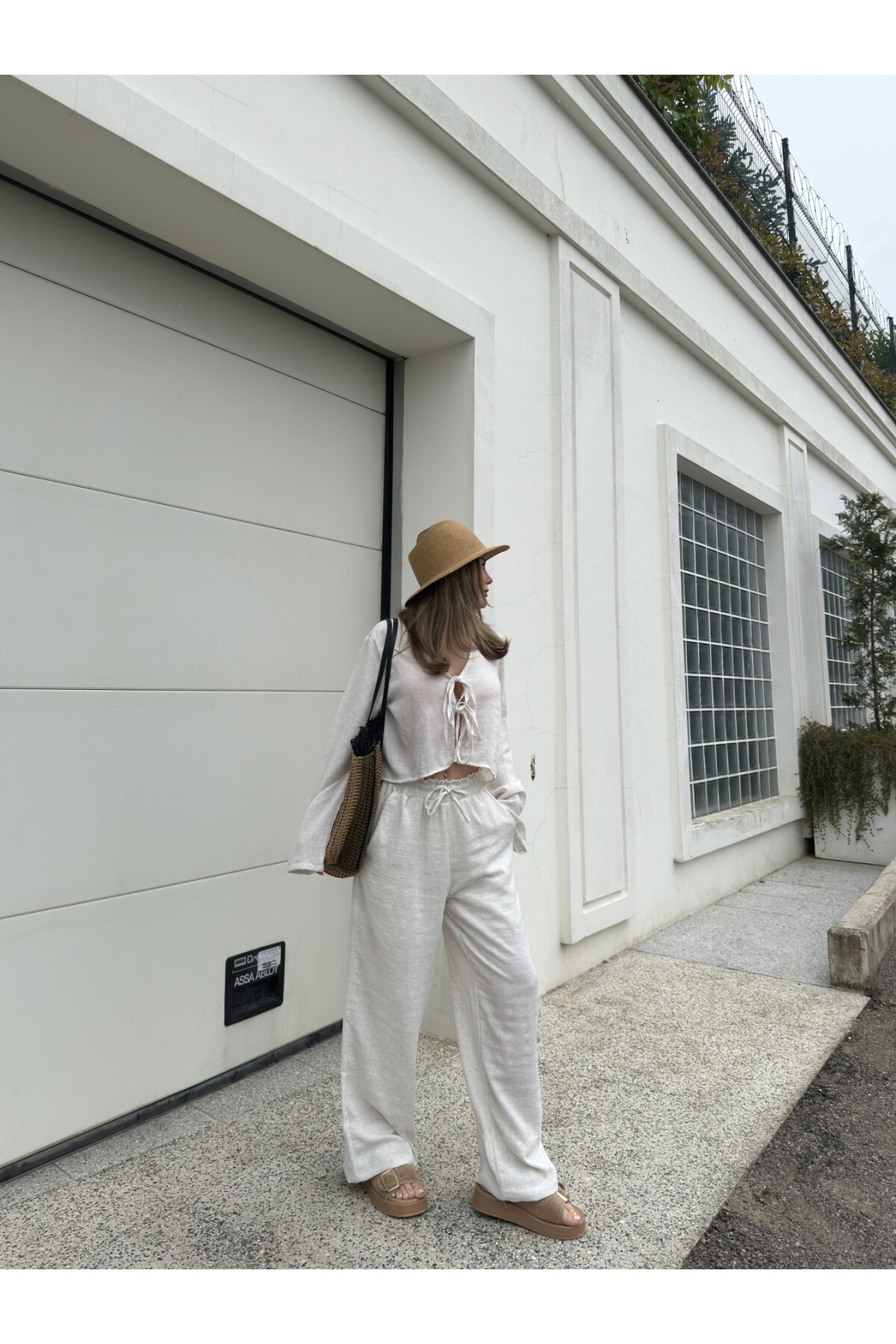 Kadın Keten Bağcıklı Bluz Astarlı Pantolon Takım