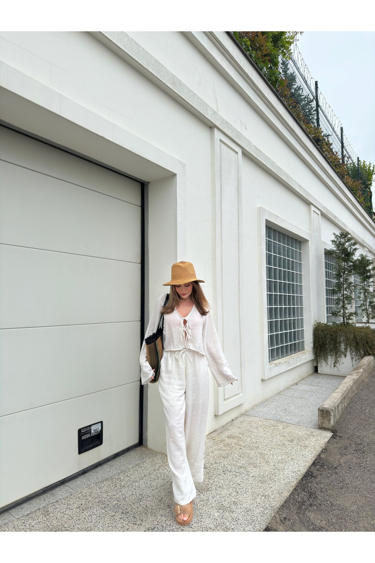 Kadın Keten Bağcıklı Bluz Astarlı Pantolon Takım