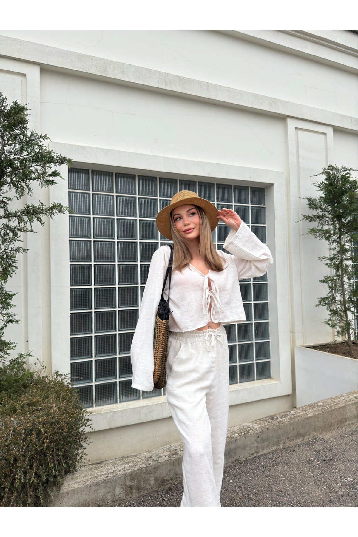 Kadın Keten Bağcıklı Bluz Astarlı Pantolon Takım