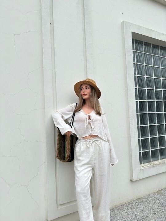 Kadın Keten Bağcıklı Bluz Astarlı Pantolon Takım