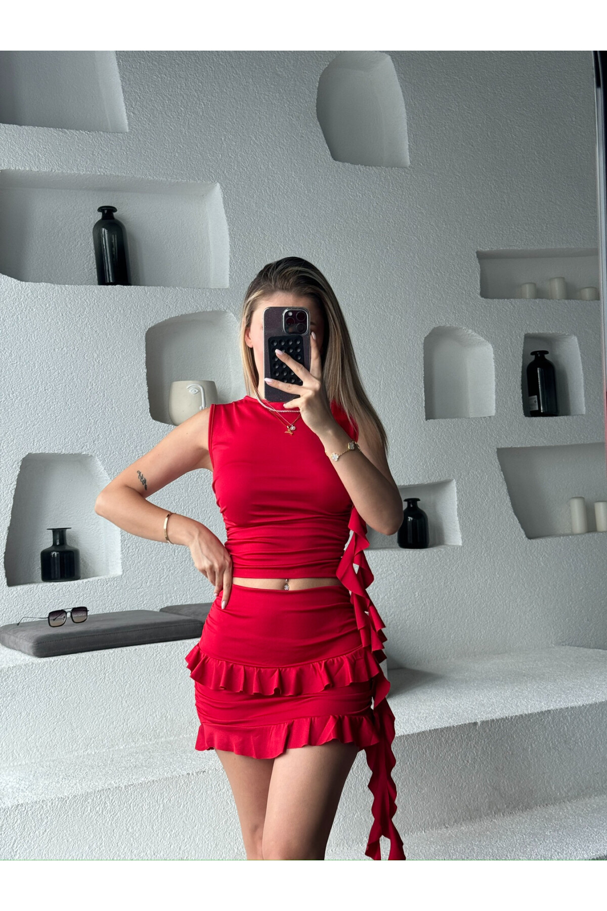 Kadın Kırmızı Fırfırlı Crop Bluz Etek İkili Takım