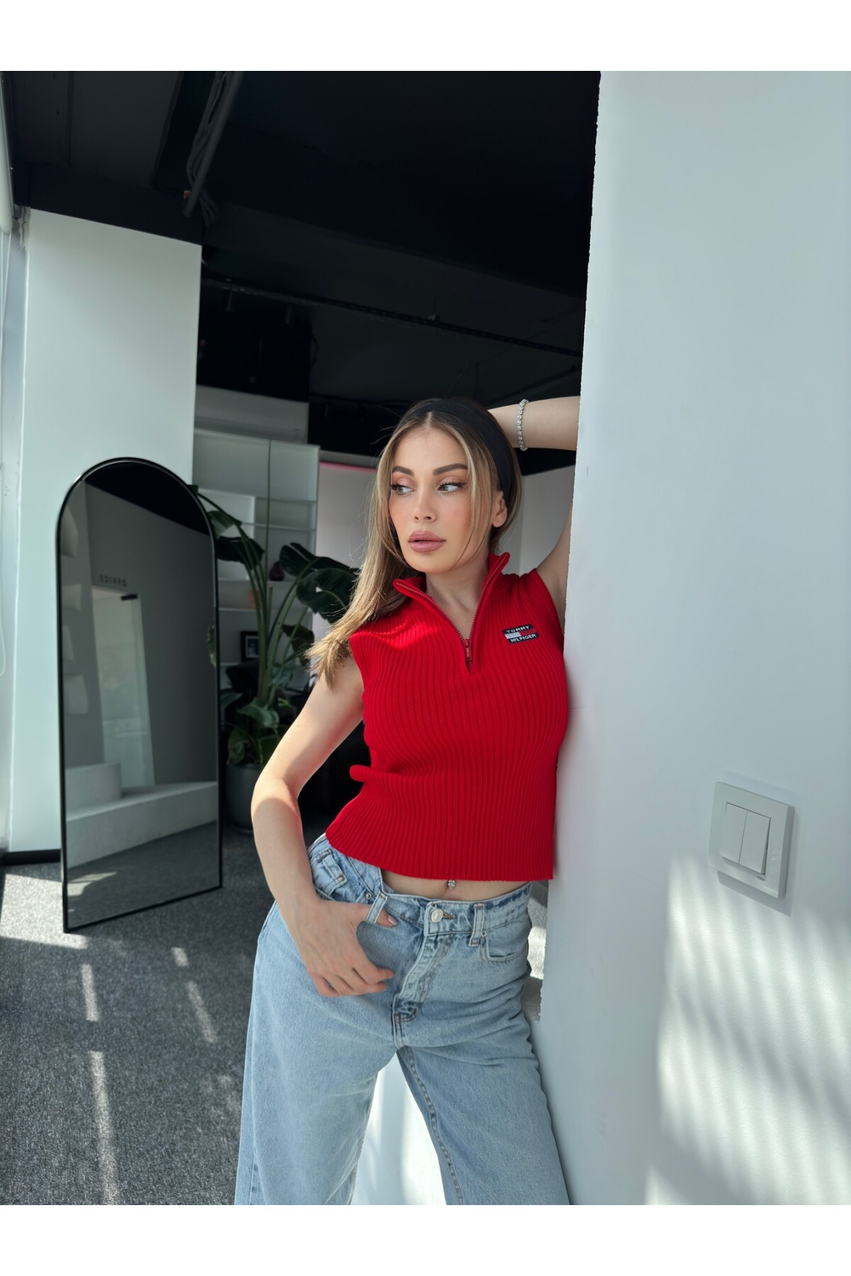 Kadın Kırmızı Marka Model Fermuarlı Triko Bluz