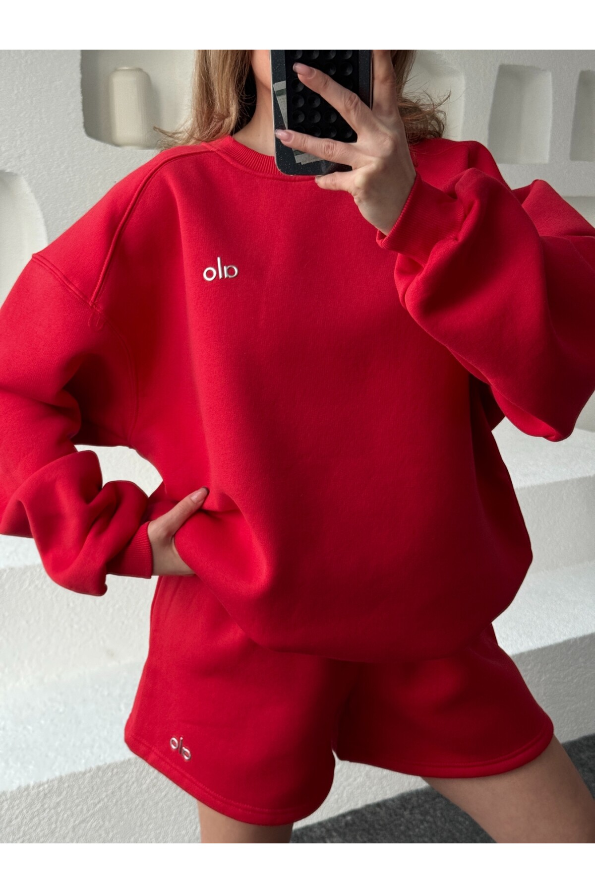 Kadın Kırmızı Marka Model Şortlu Sweat ikili takım