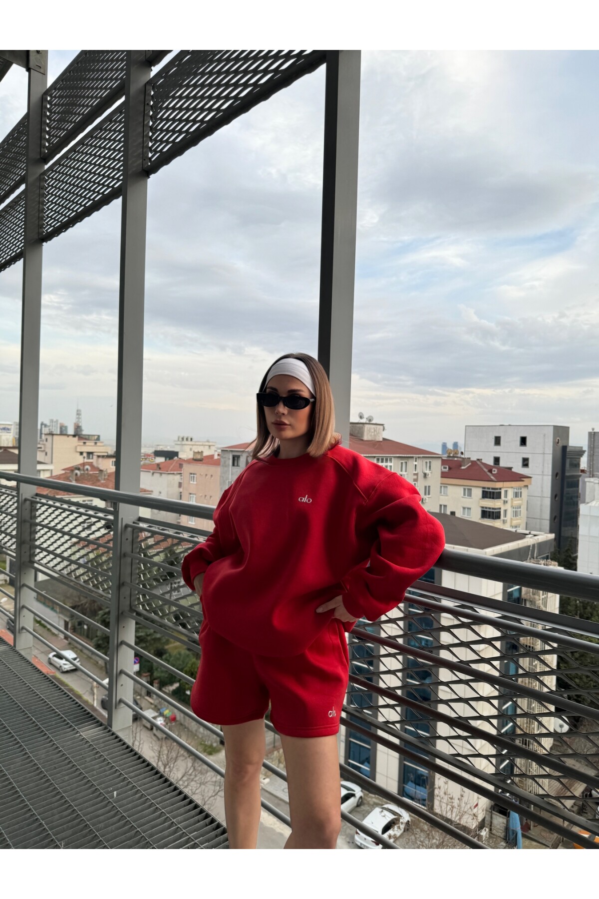 Kadın Kırmızı Marka Model Şortlu Sweat ikili takım