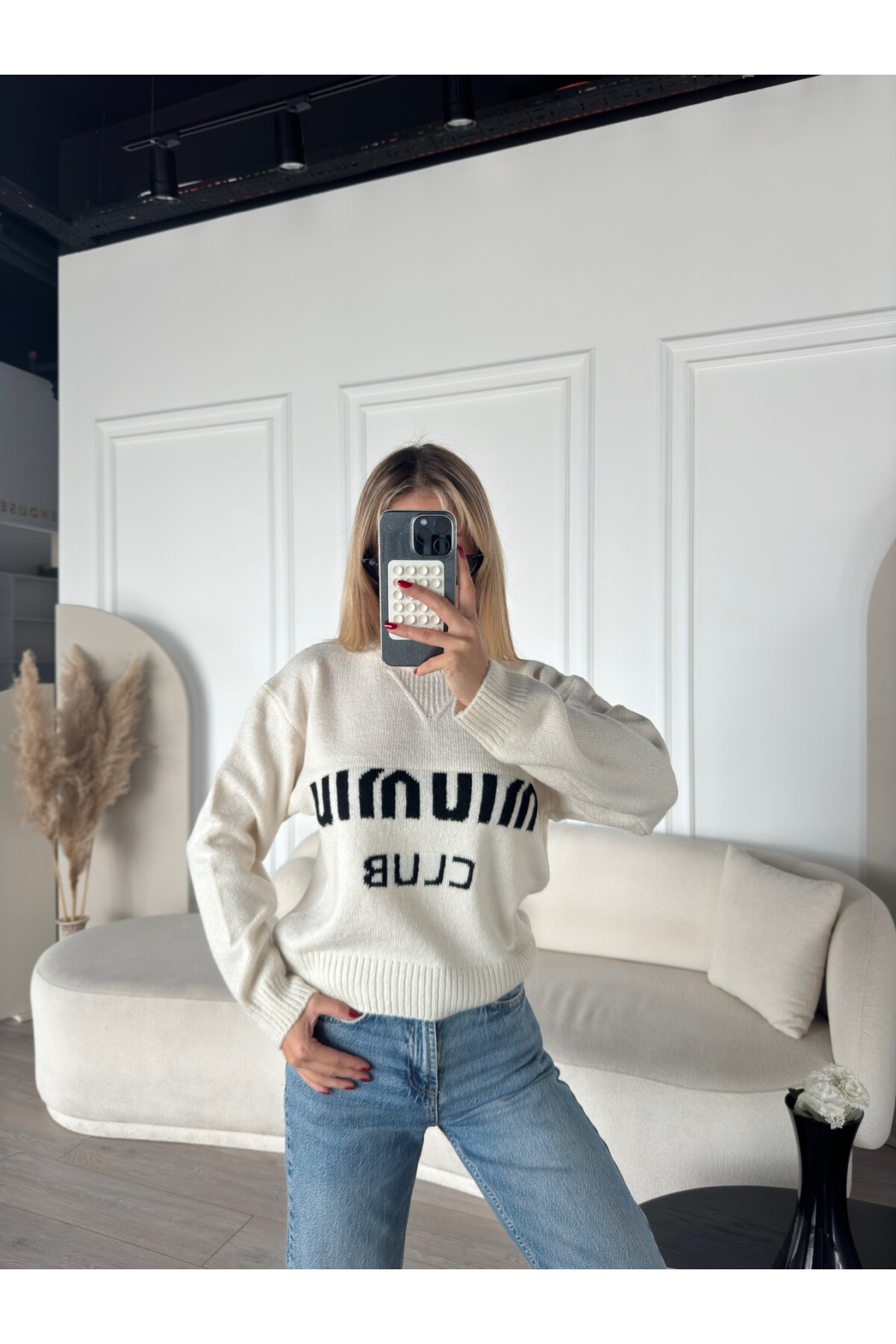 Kadın Krem marka model pamuk örme bisiklet yaka kazak