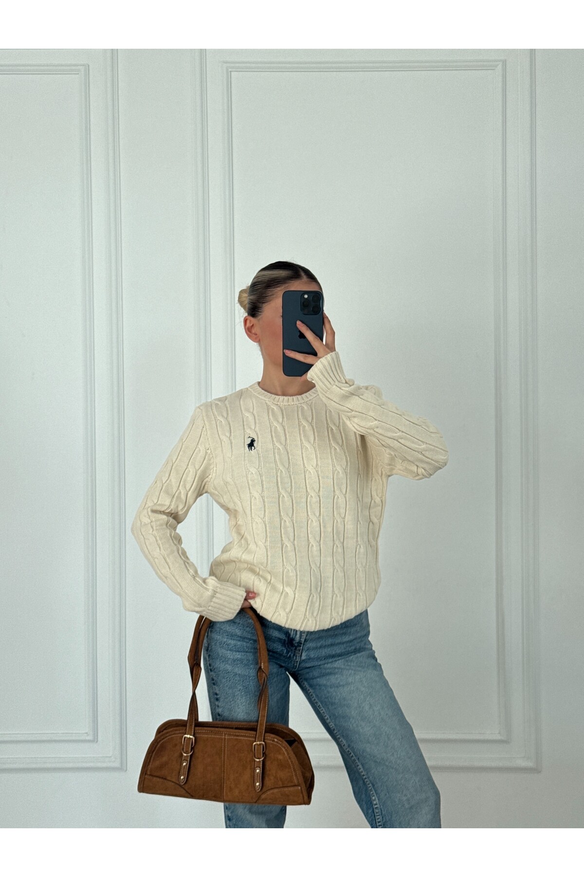 Kadın Krem Marka Model Saç Örgülü Triko Kazak