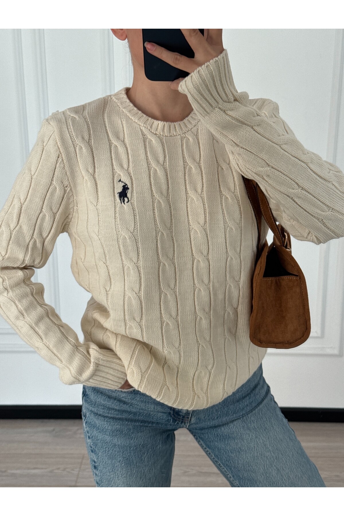Kadın Krem Marka Model Saç Örgülü Triko Kazak