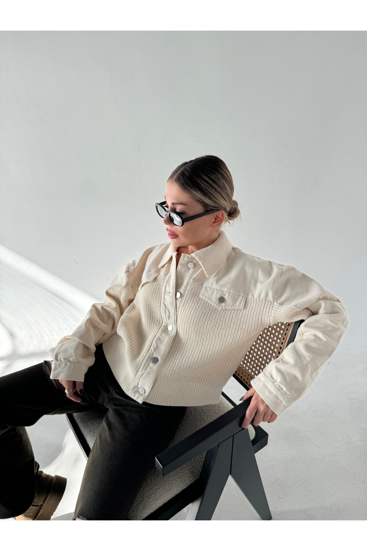 Kadın Krem Orjinal Marka Muadil Denim Örme Düğmeli Ceket Hırka
