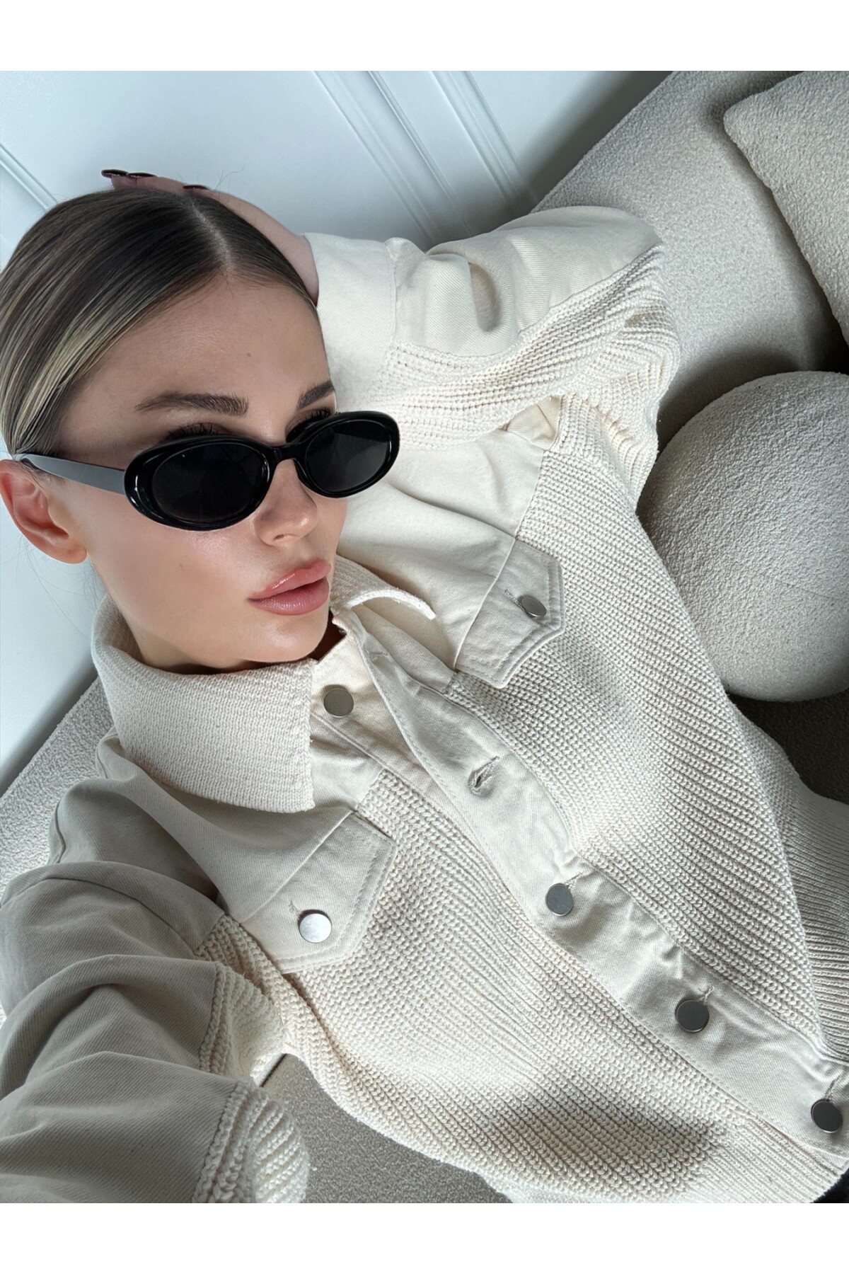 Kadın Krem Orjinal Marka Muadil Denim Örme Düğmeli Ceket Hırka