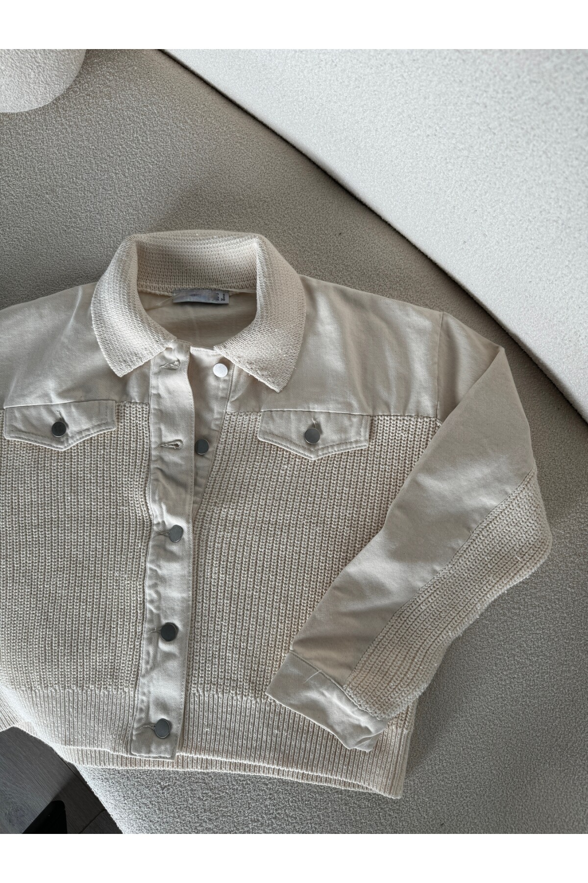 Kadın Krem Orjinal Marka Muadil Denim Örme Düğmeli Ceket Hırka