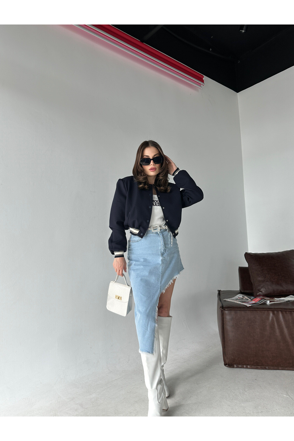 Kadın Lacivert Astarlı Beli Lastikli Bomber Mevsimlik Ceket
