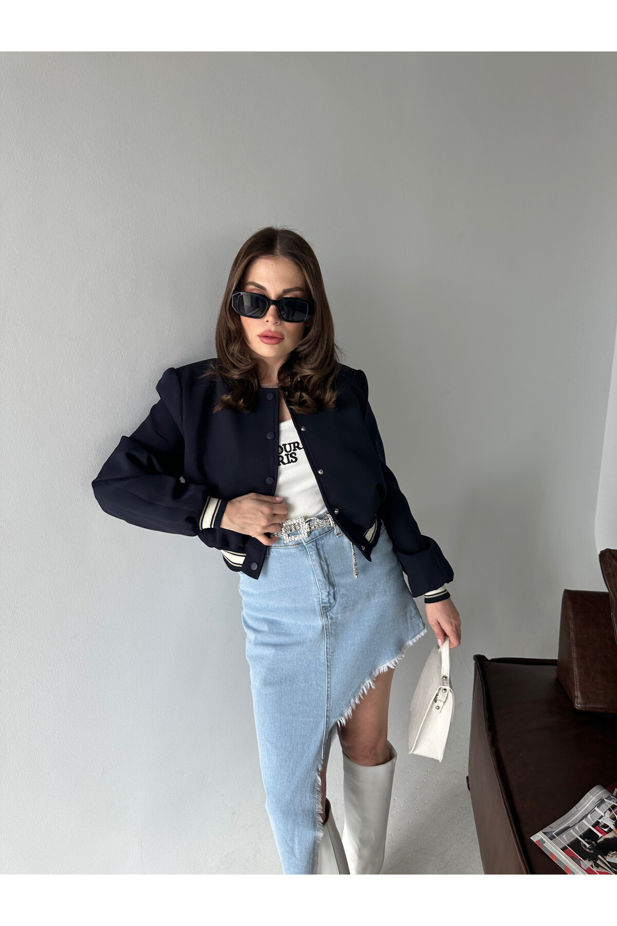 Kadın Lacivert Astarlı Beli Lastikli Bomber Mevsimlik Ceket