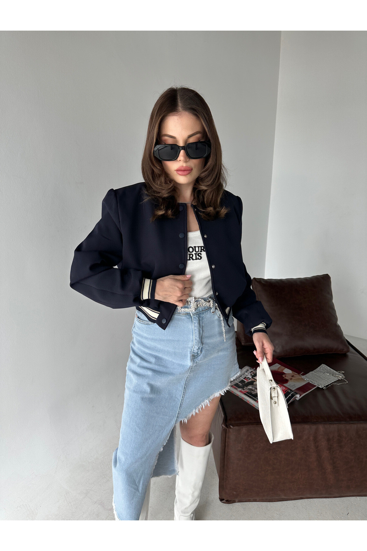 Kadın Lacivert Astarlı Beli Lastikli Bomber Mevsimlik Ceket