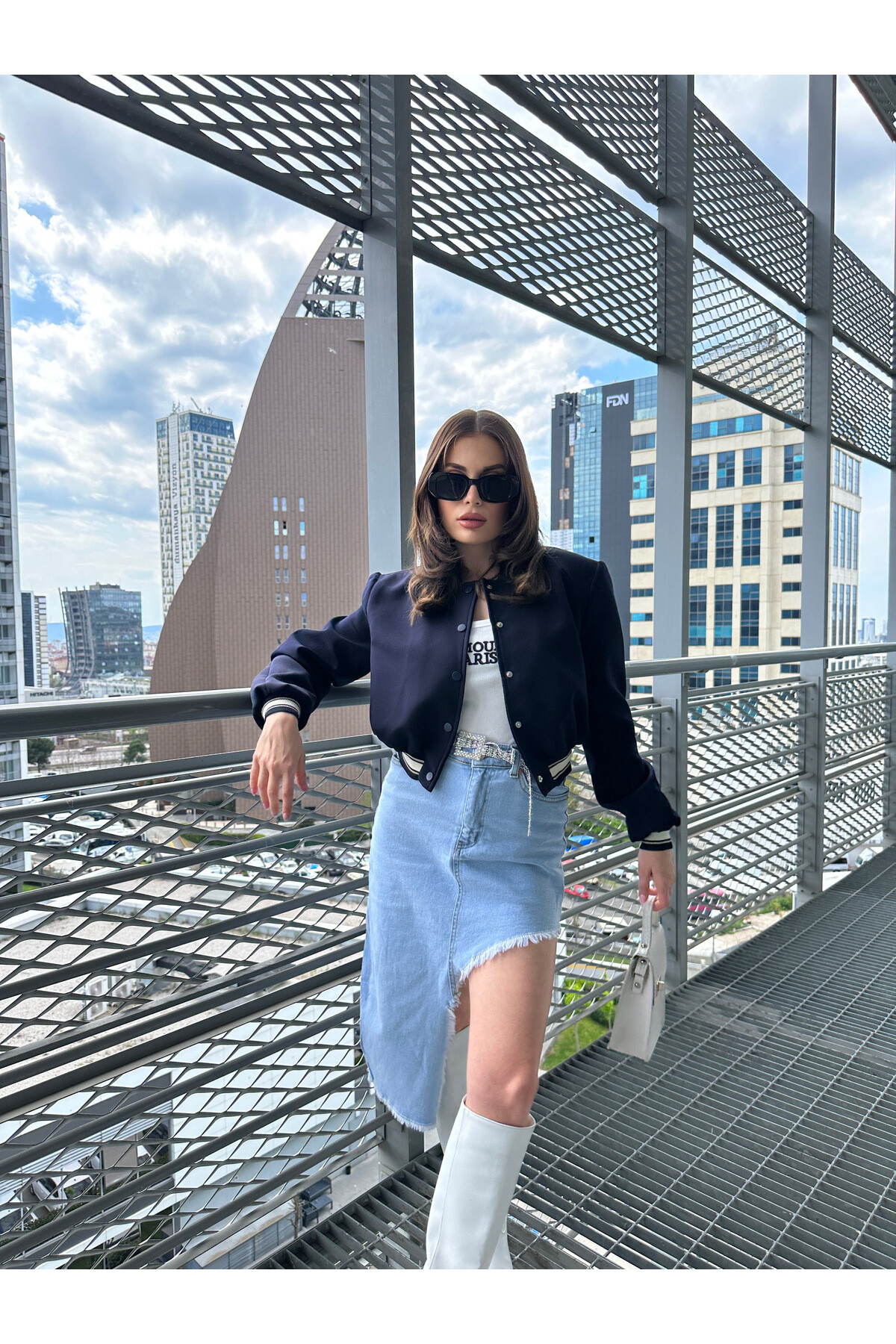 Kadın Lacivert Astarlı Beli Lastikli Bomber Mevsimlik Ceket