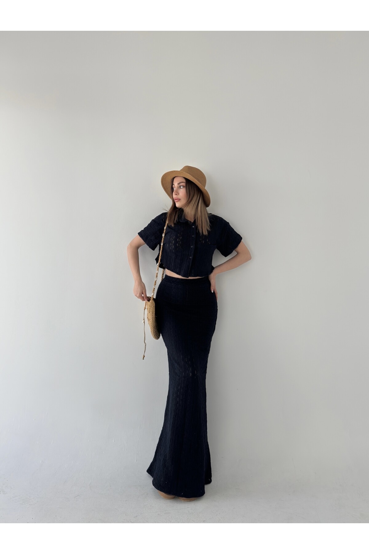 Kadın Lacivert dantel detaylı astarlı etek takım