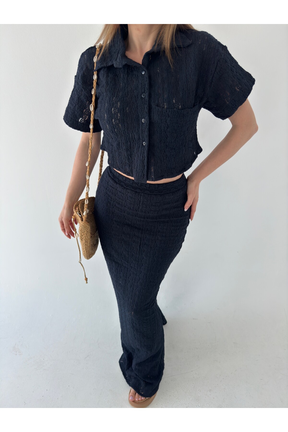 Kadın Lacivert dantel detaylı astarlı etek takım