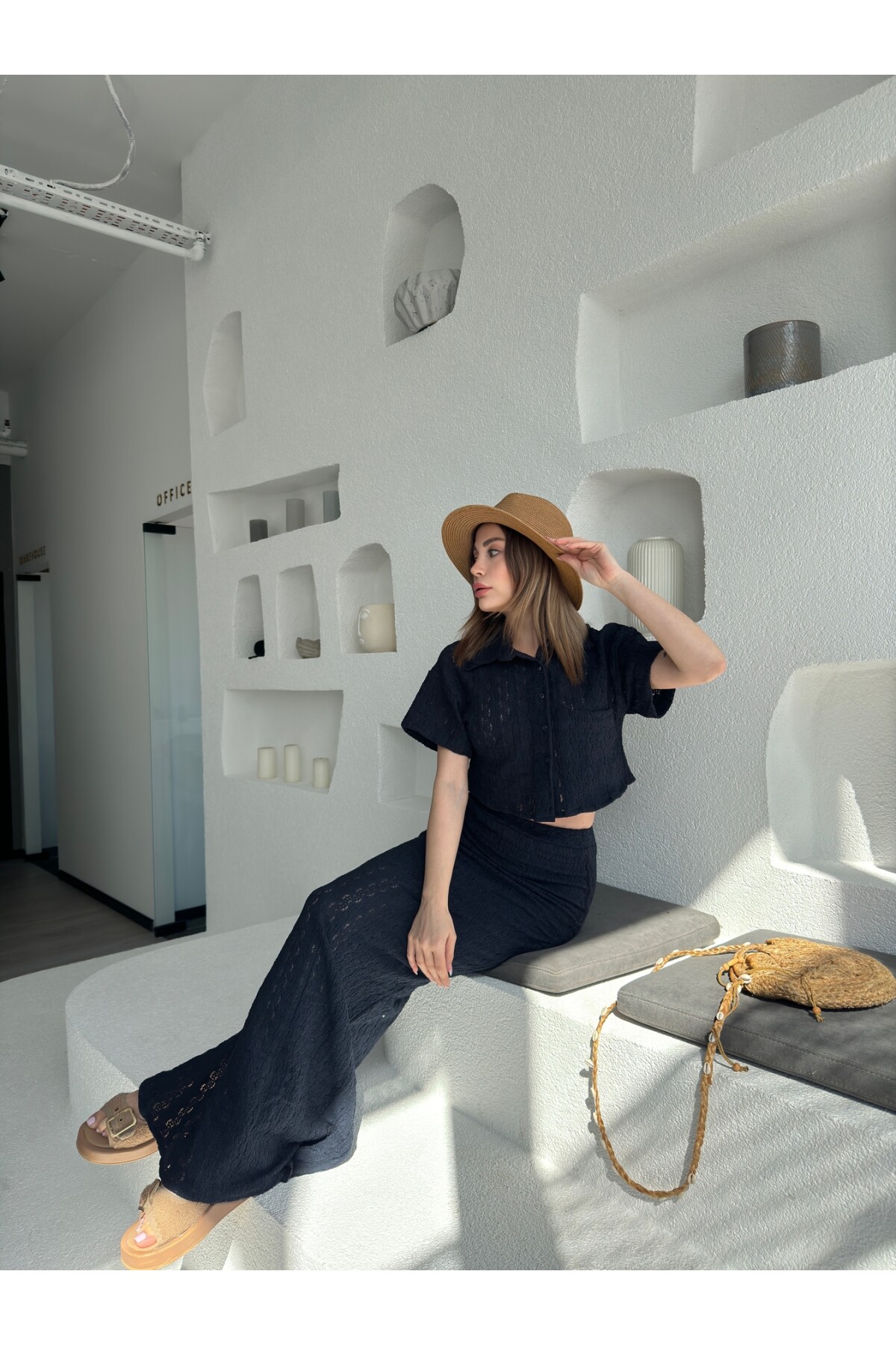 Kadın Lacivert dantel detaylı astarlı etek takım