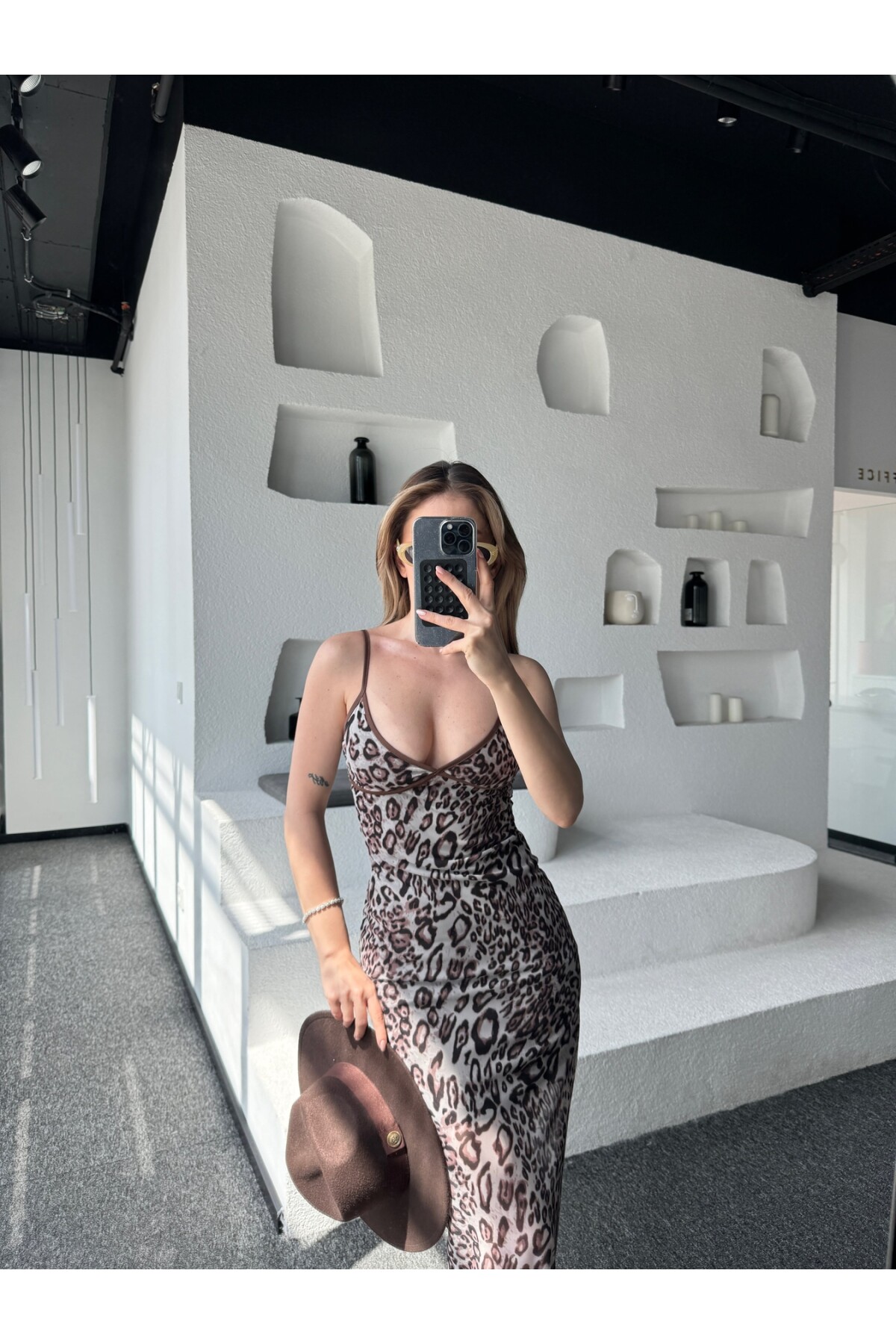 Kadın Leopar Desen Askılı Tül Astarlı Elbise