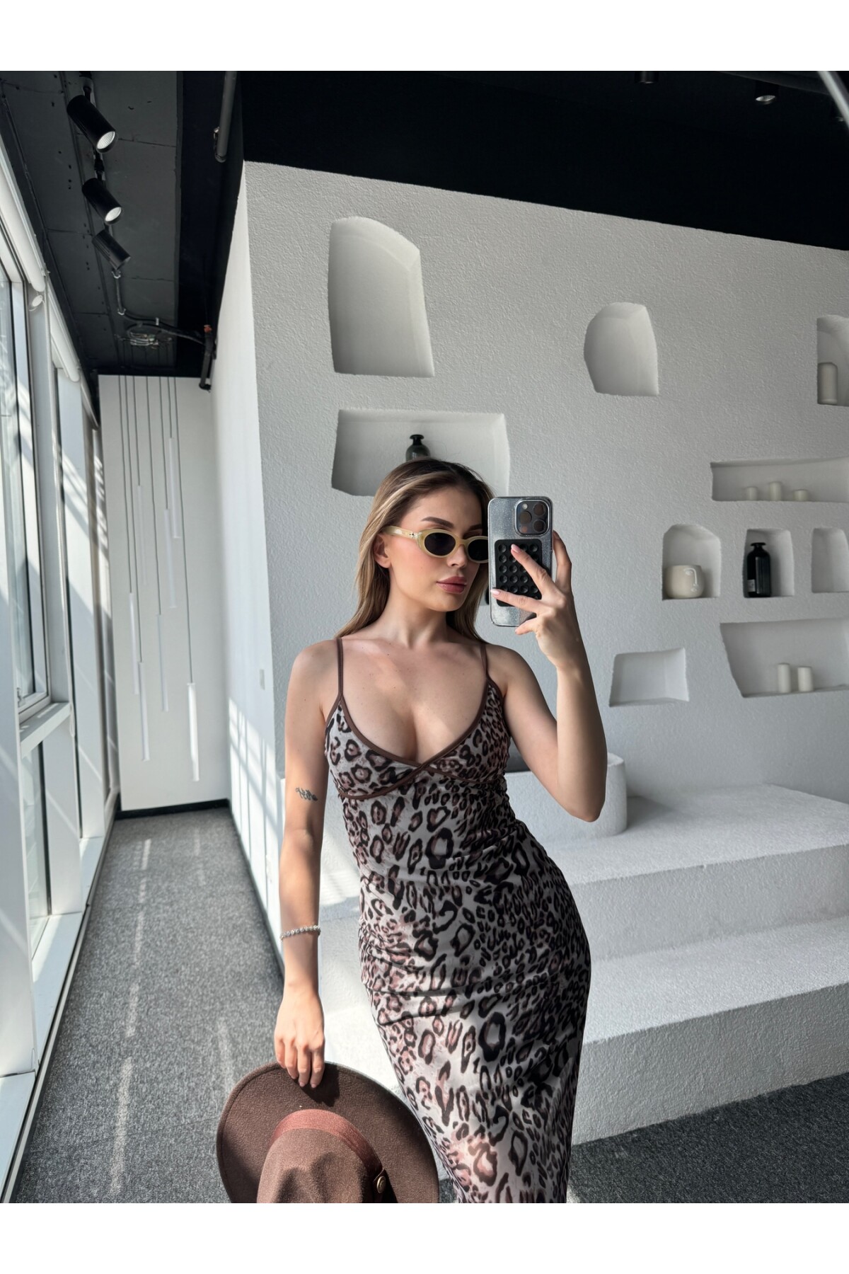 Kadın Leopar Desen Askılı Tül Astarlı Elbise