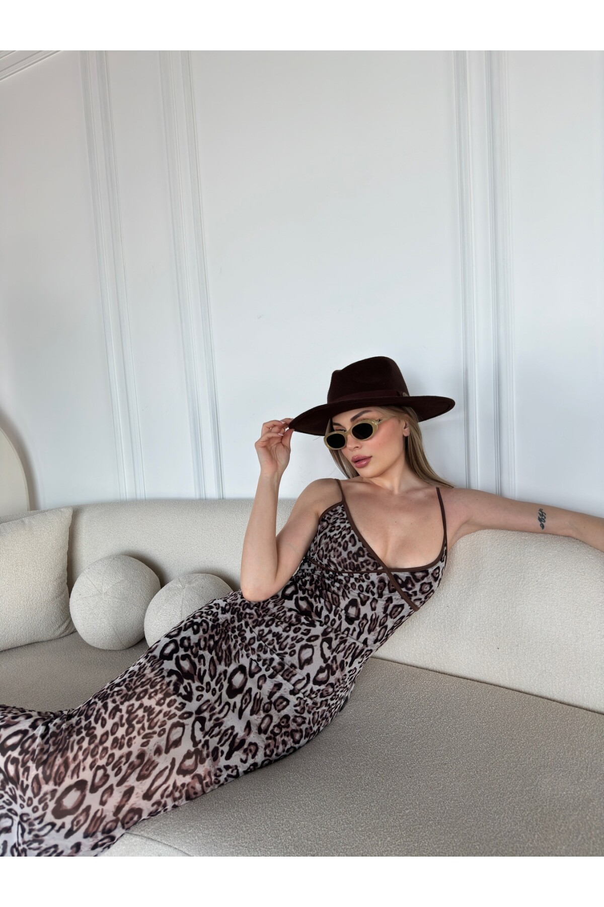 Kadın Leopar Desen Askılı Tül Astarlı Elbise