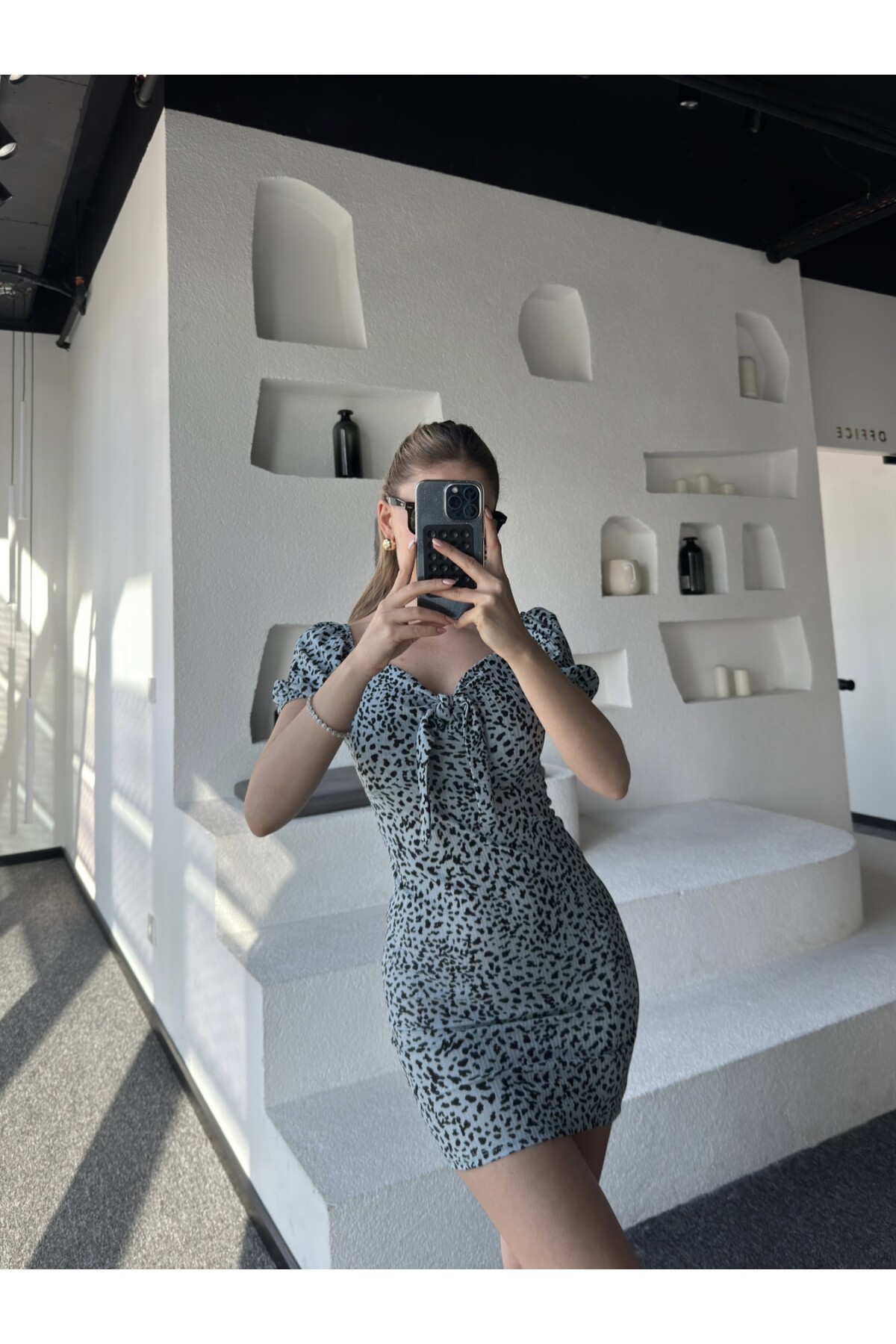 Kadın Leopar Desen Önü Bağlamalı Kolları Volanlı Elbise