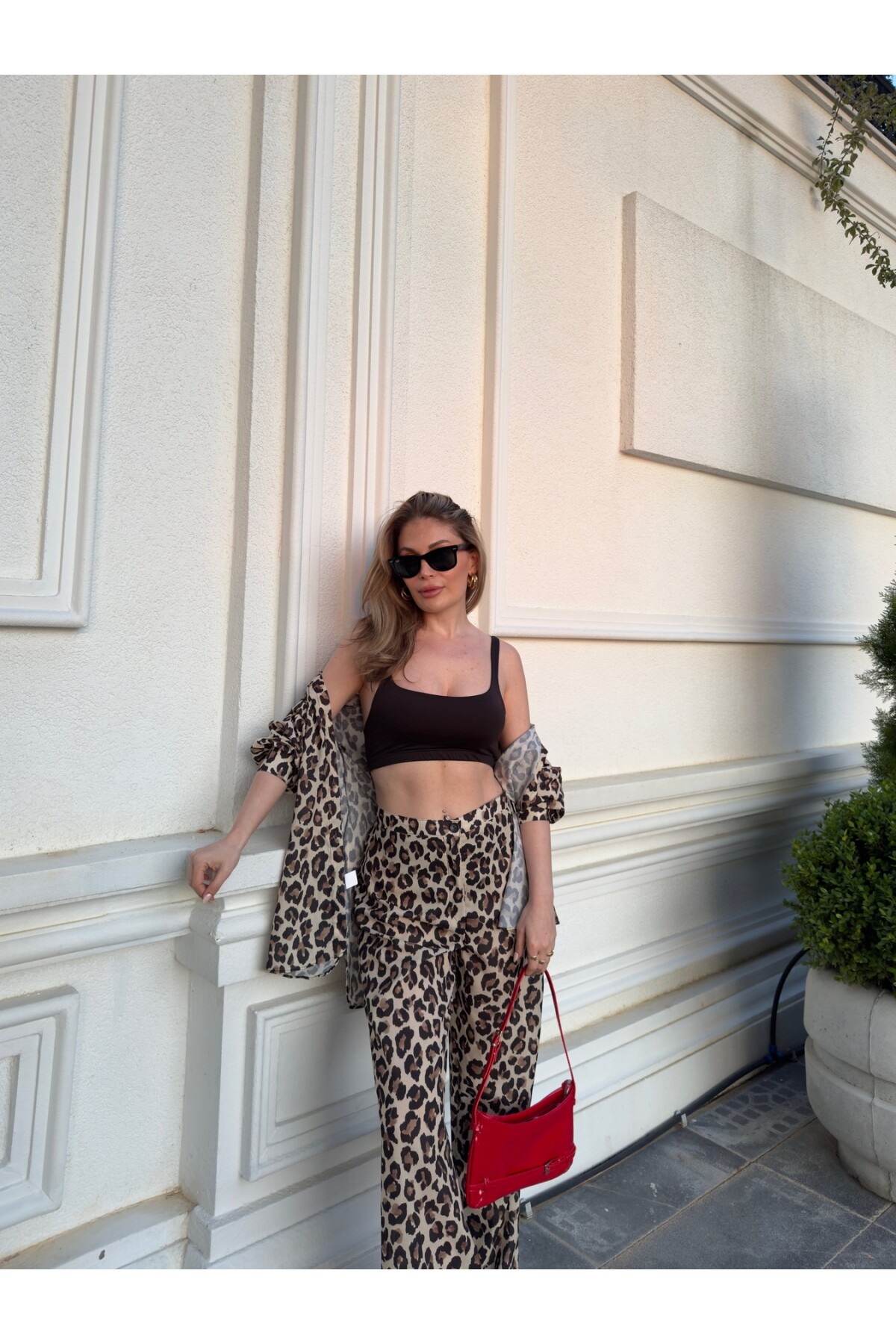 Kadın Leopar Palazzo Pantolon Gömlek Takım