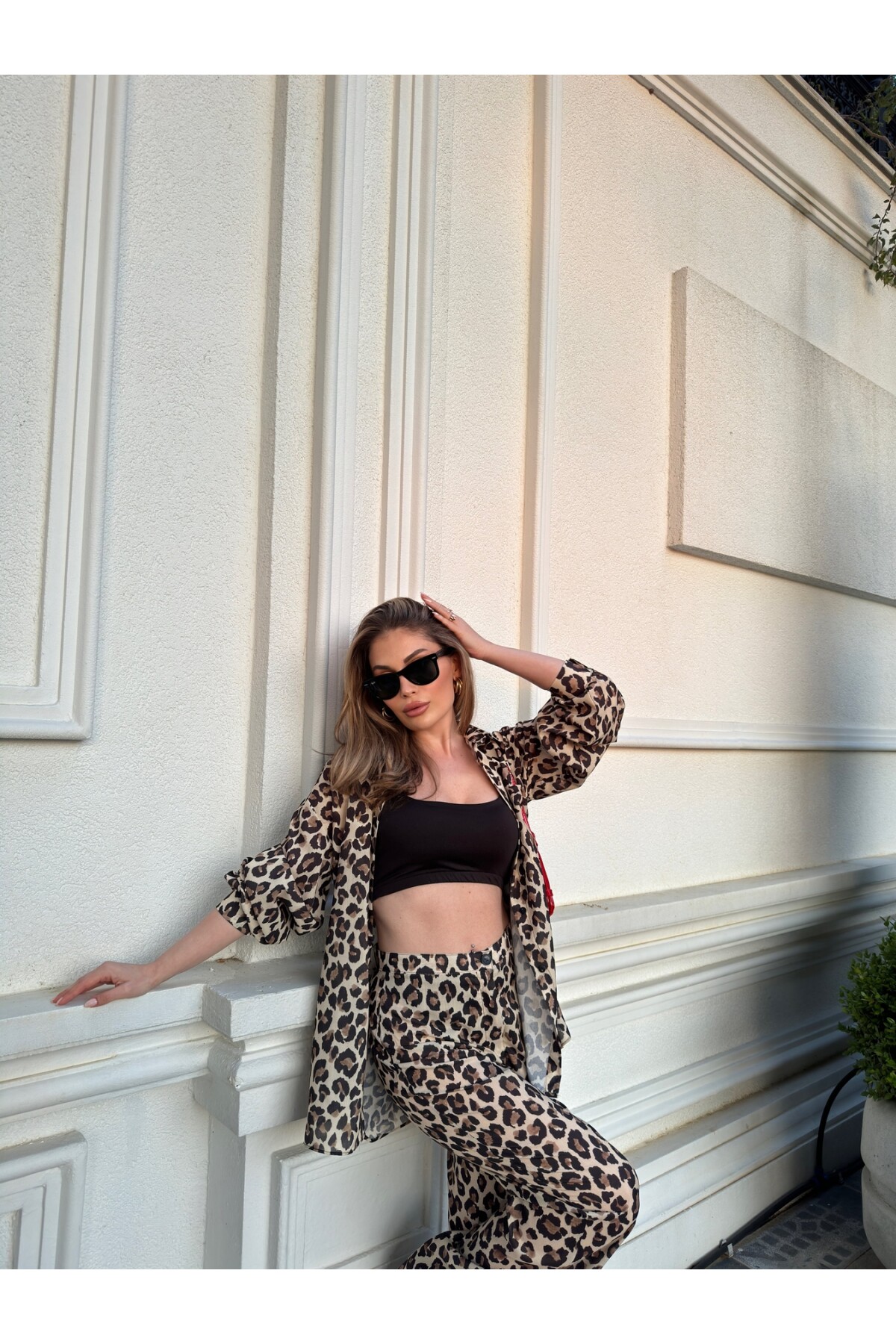 Kadın Leopar Palazzo Pantolon Gömlek Takım